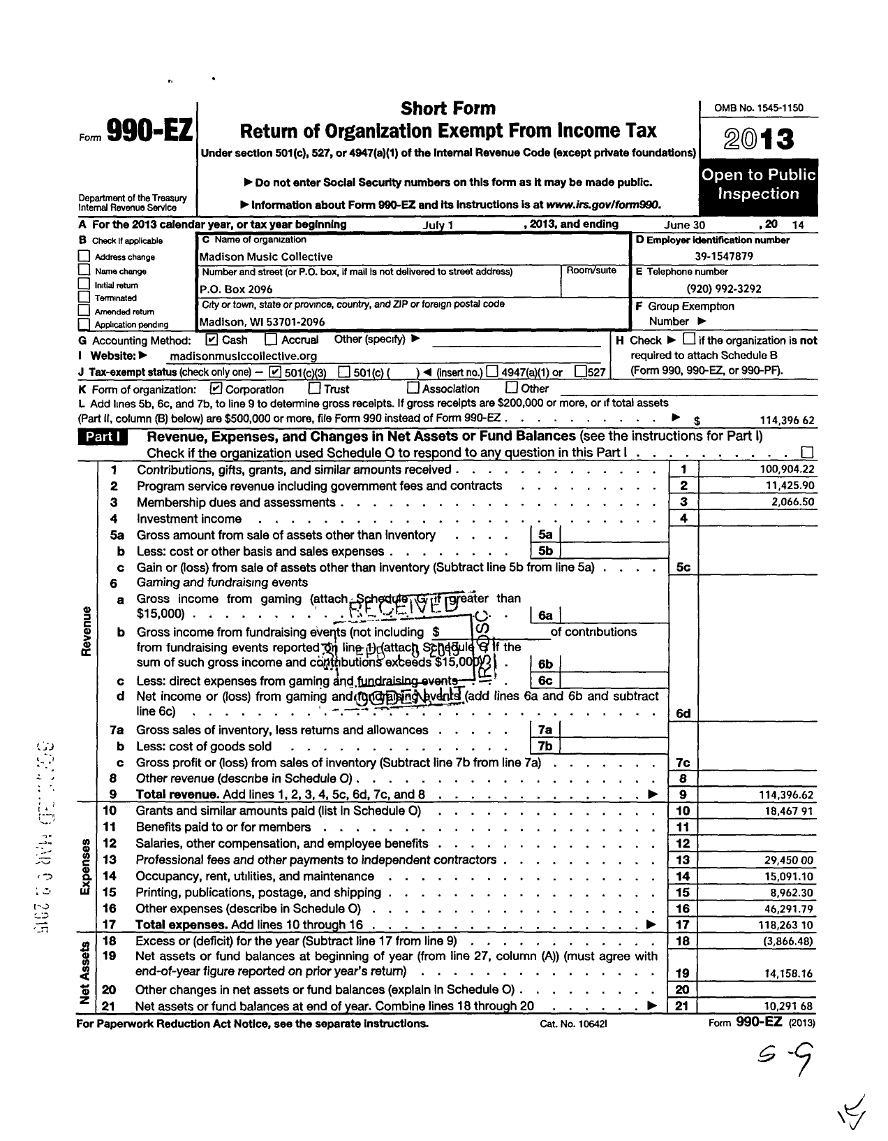 Image of first page of 2013 Form 990EZ for Madison Music Collective