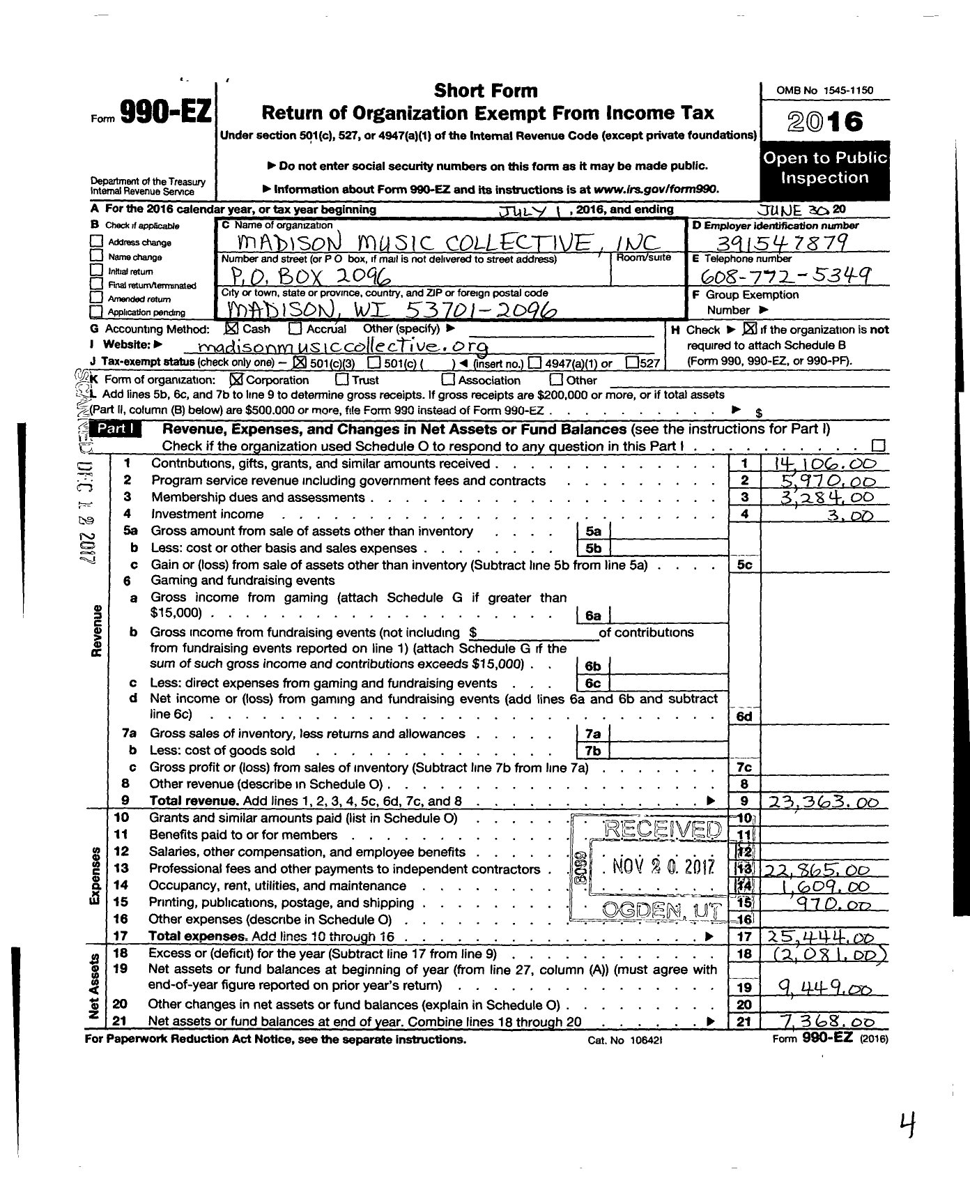 Image of first page of 2015 Form 990EZ for Madison Music Collective