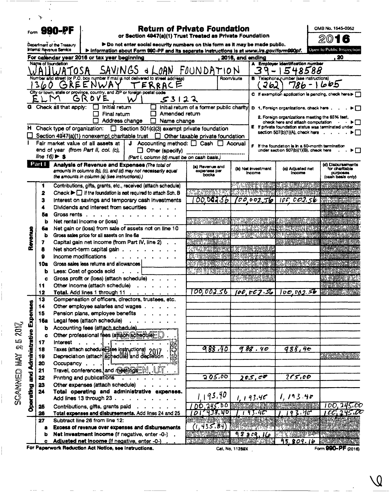 Image of first page of 2016 Form 990PF for Wauwatosa Savings and Loan Foundation