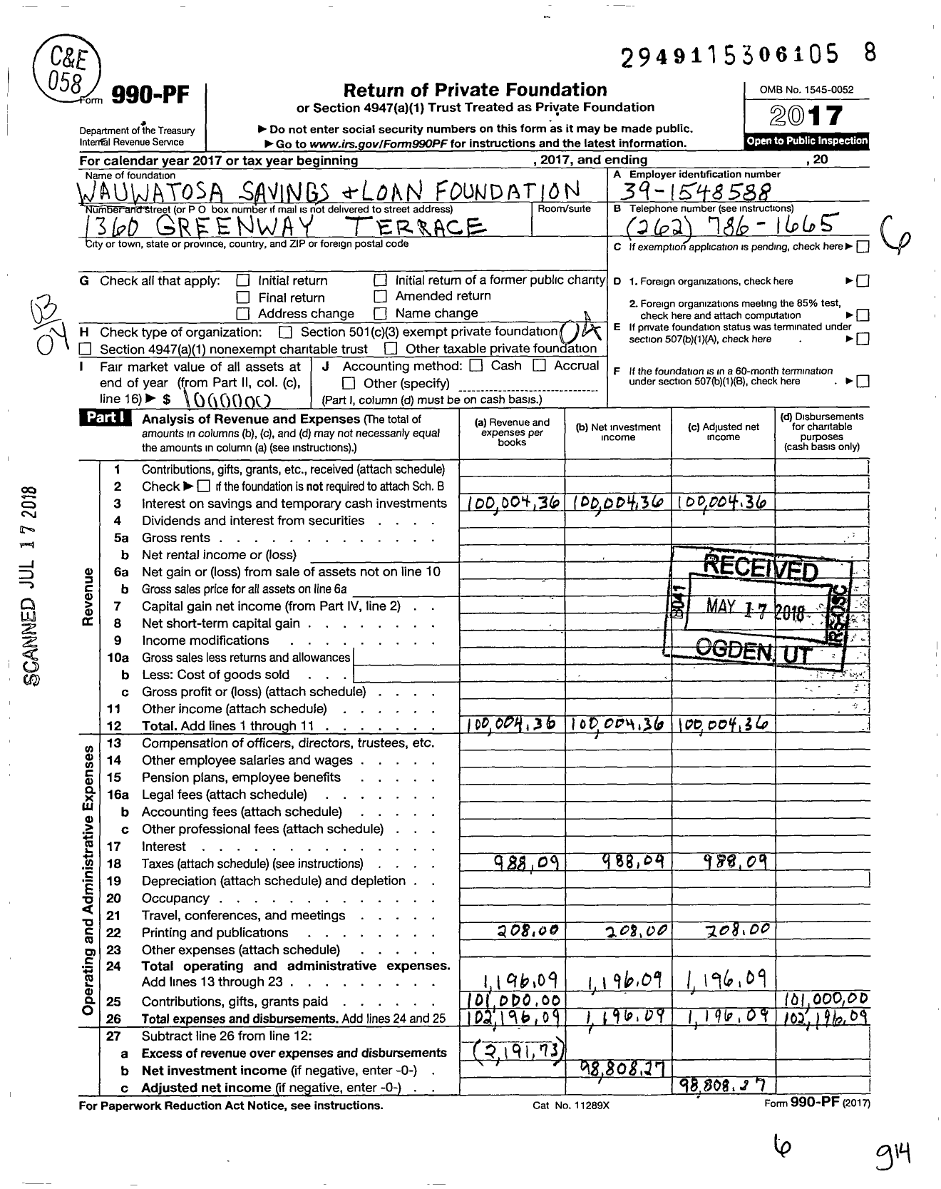 Image of first page of 2017 Form 990PF for Wauwatosa Savings and Loan Foundation