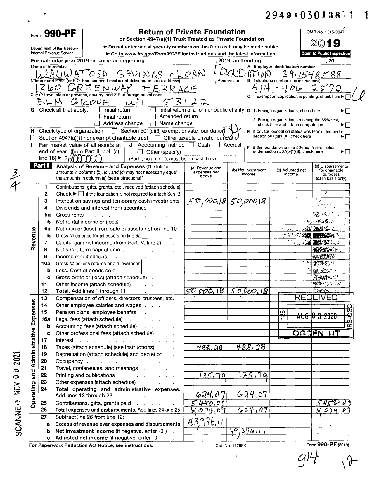 Image of first page of 2019 Form 990PF for Wauwatosa Savings and Loan Foundation