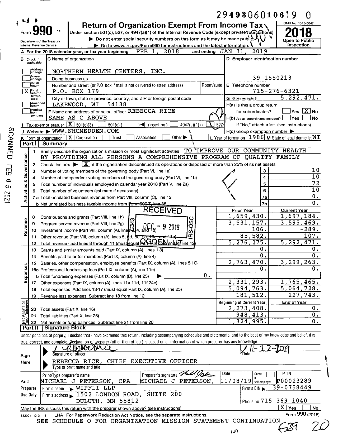 Image of first page of 2018 Form 990 for Northern Health Centers