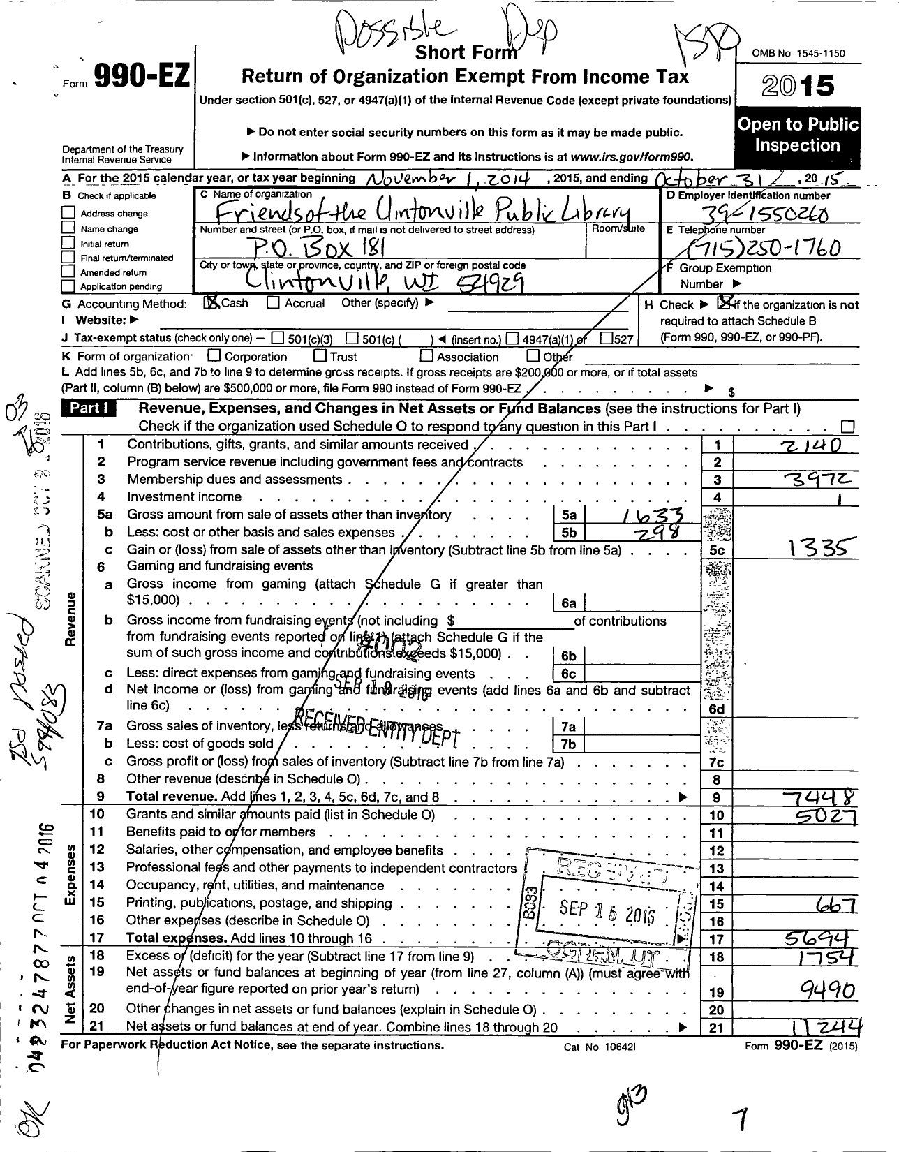 Image of first page of 2014 Form 990EO for Friends of the Clintonville Public Library