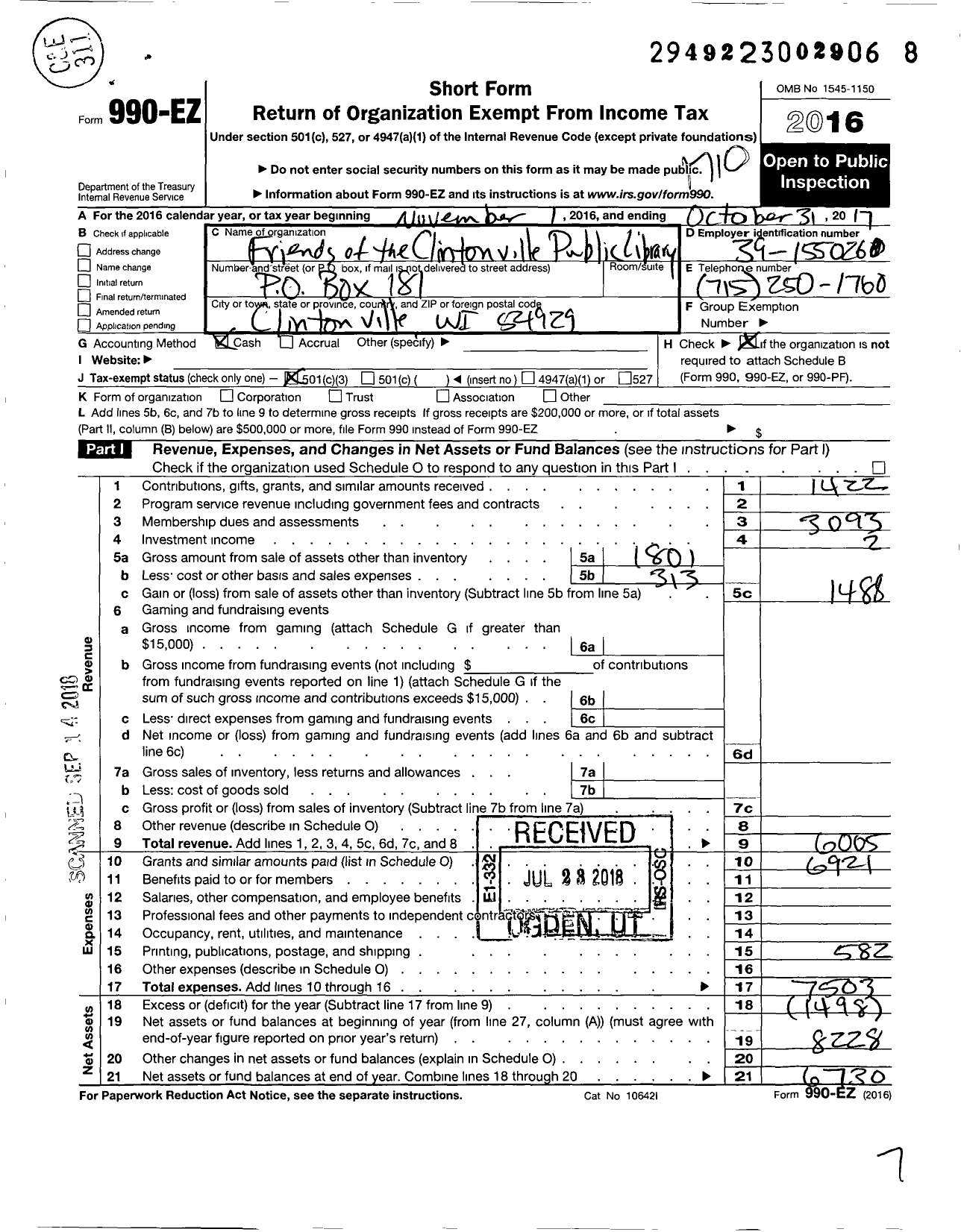 Image of first page of 2016 Form 990EZ for Friends of the Clintonville Public Library