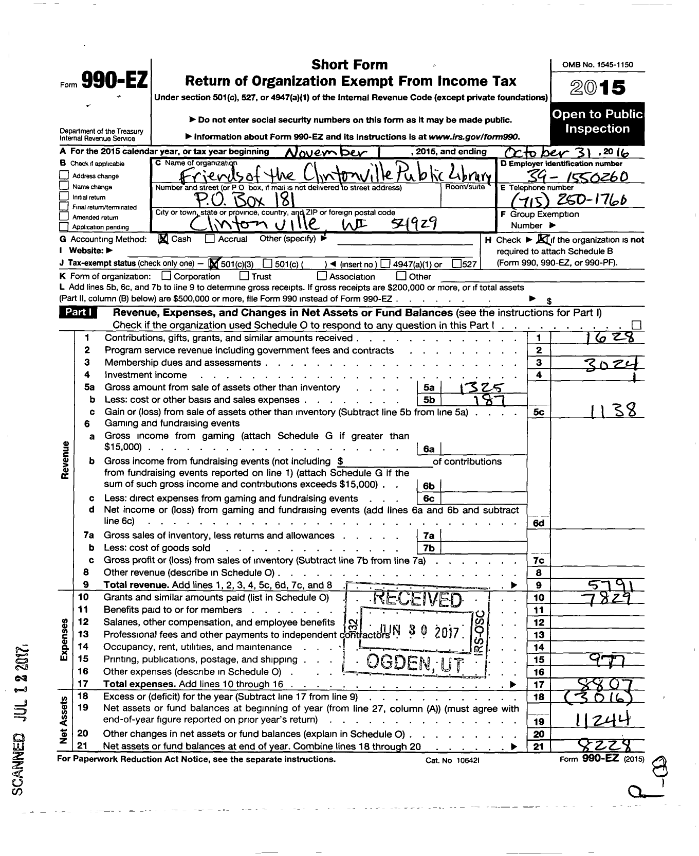 Image of first page of 2015 Form 990EZ for Friends of the Clintonville Public Library