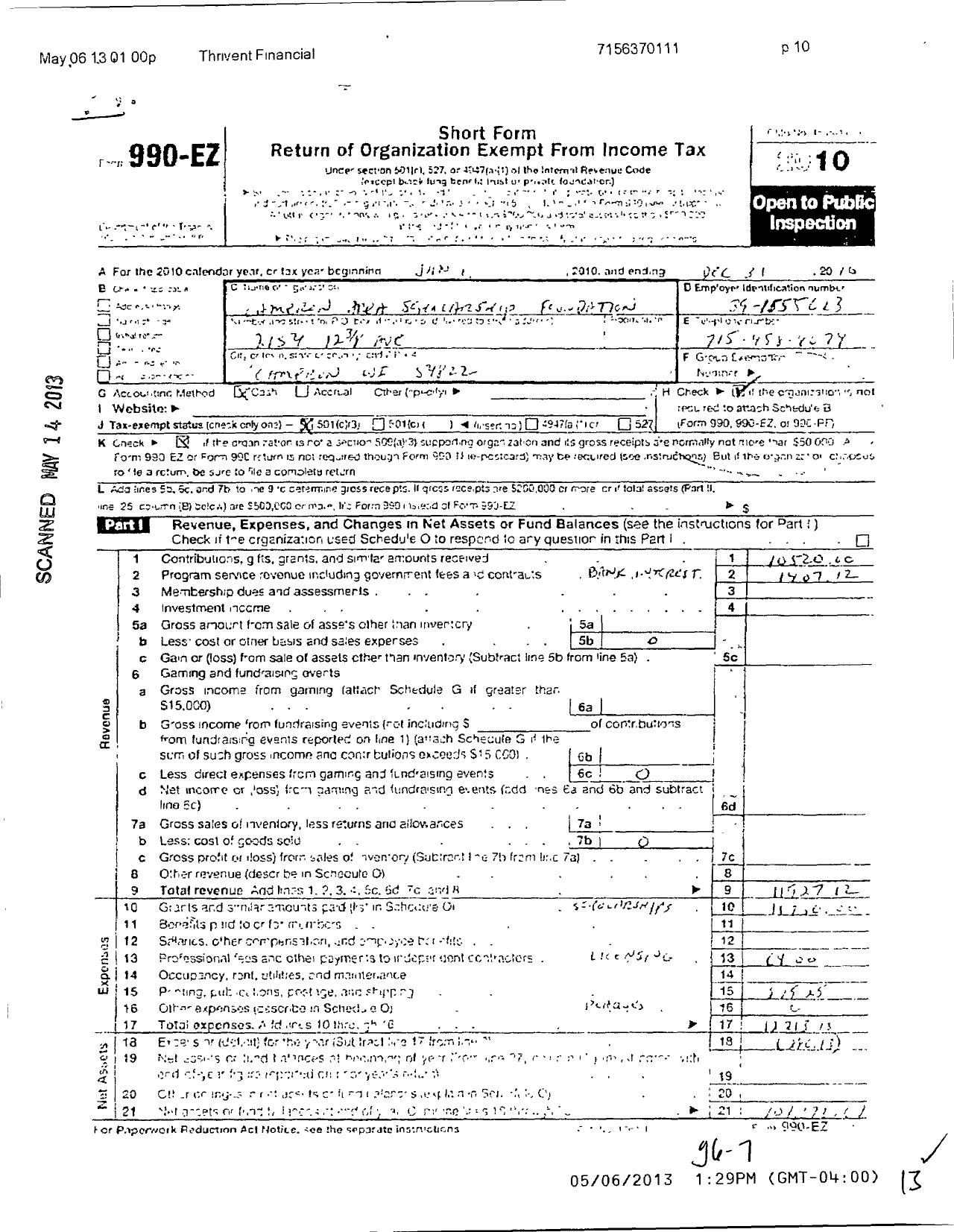 Image of first page of 2010 Form 990EZ for Cameron Area Scholarship Foundation