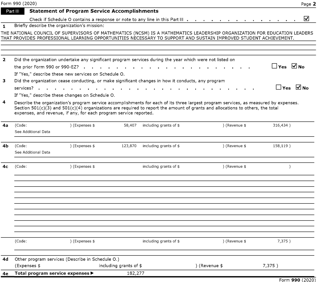 Image of first page of 2020 Form 990 for Ncsm-Leadership in Mathematics