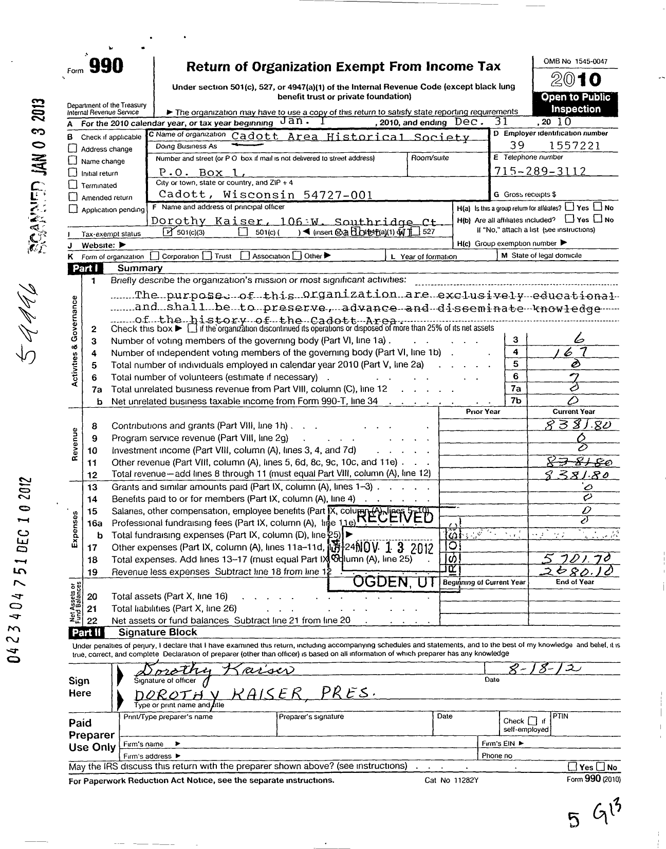 Image of first page of 2010 Form 990 for Cadott Area Historical Society