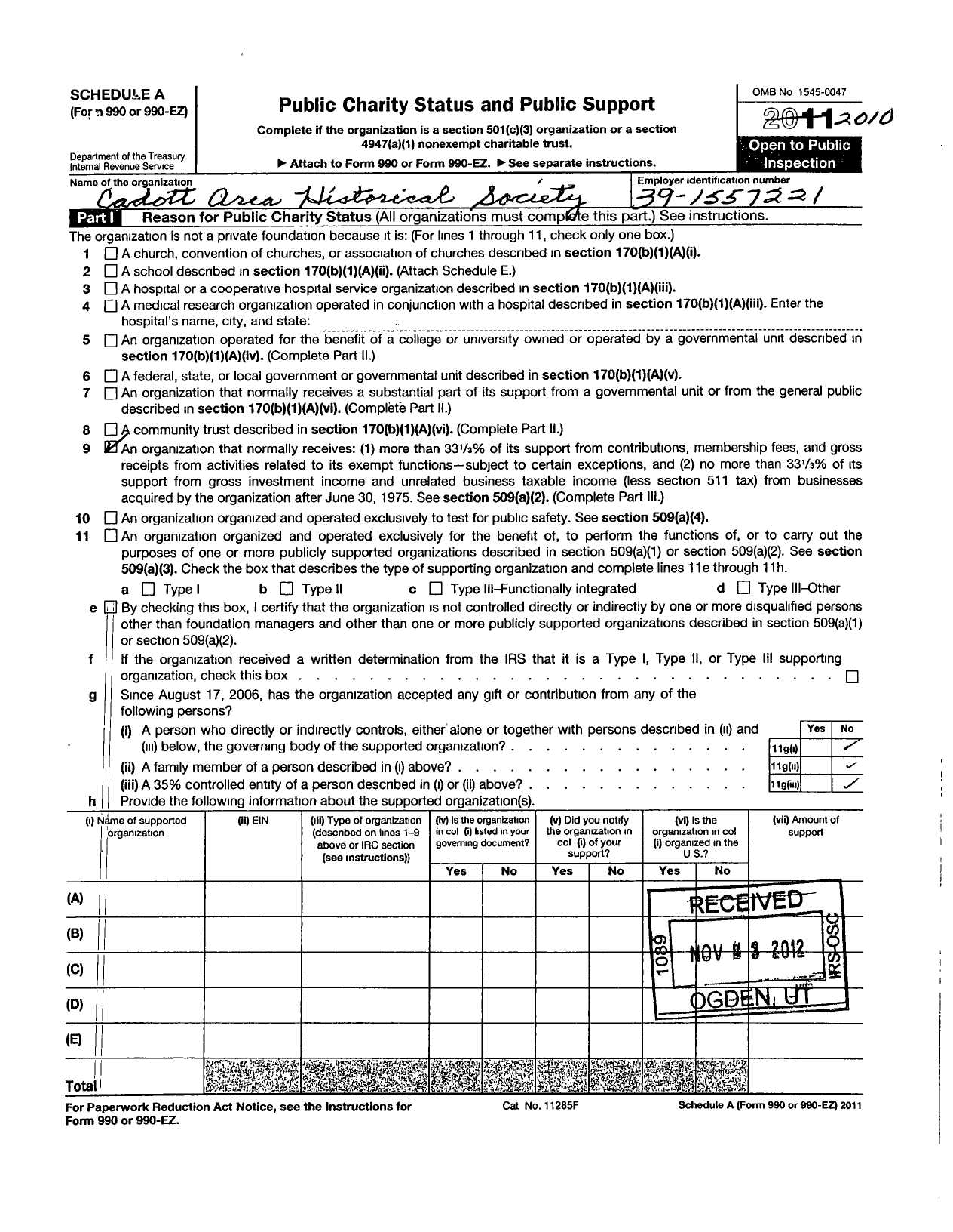 Image of first page of 2010 Form 990R for Cadott Area Historical Society