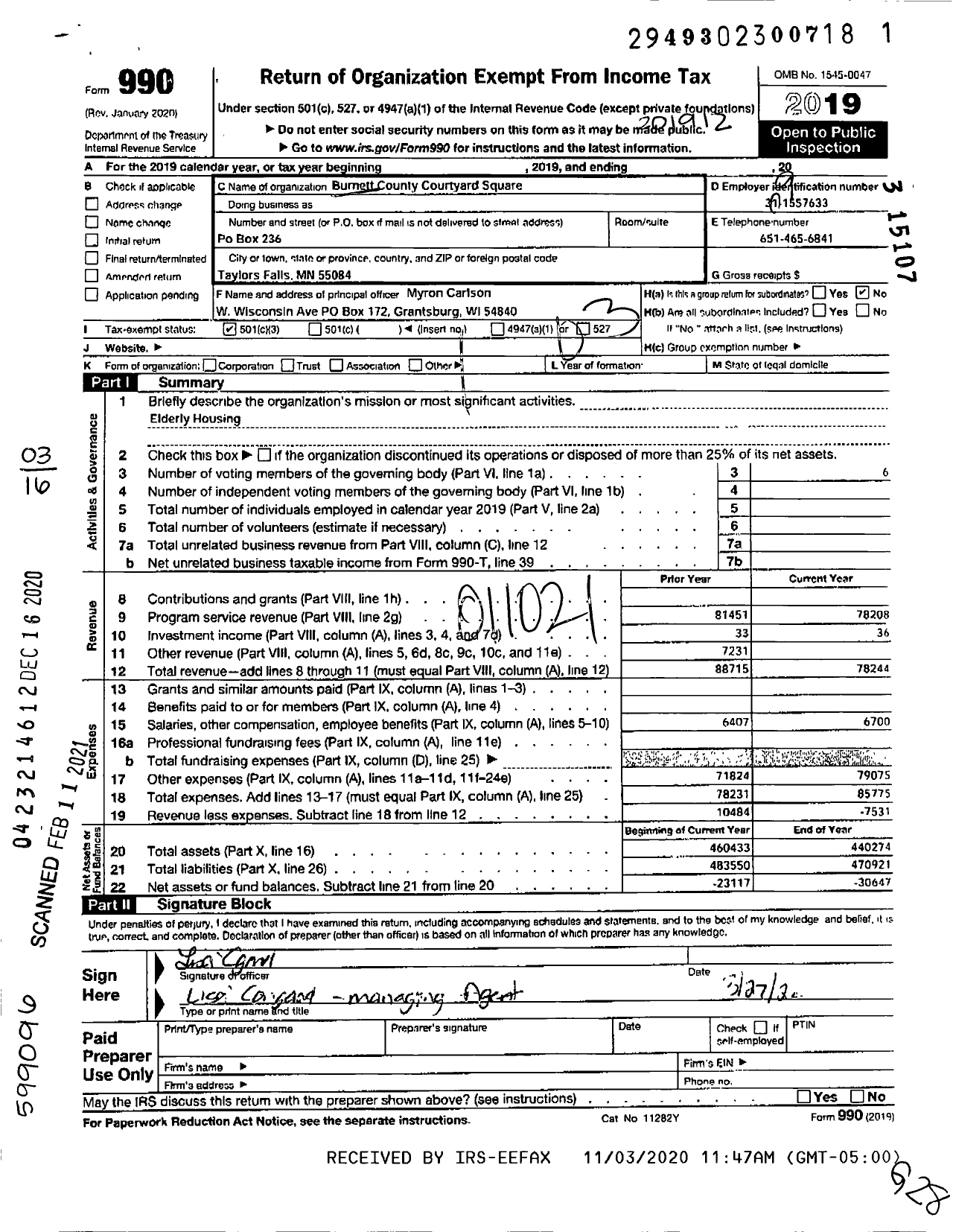 Image of first page of 2019 Form 990 for Burnett County Courtyard Square