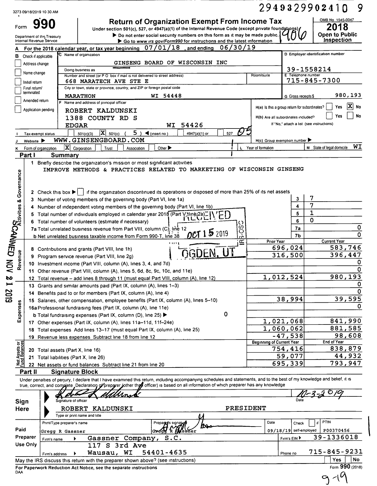 Image of first page of 2018 Form 990O for Ginseng Board of Wisconsin