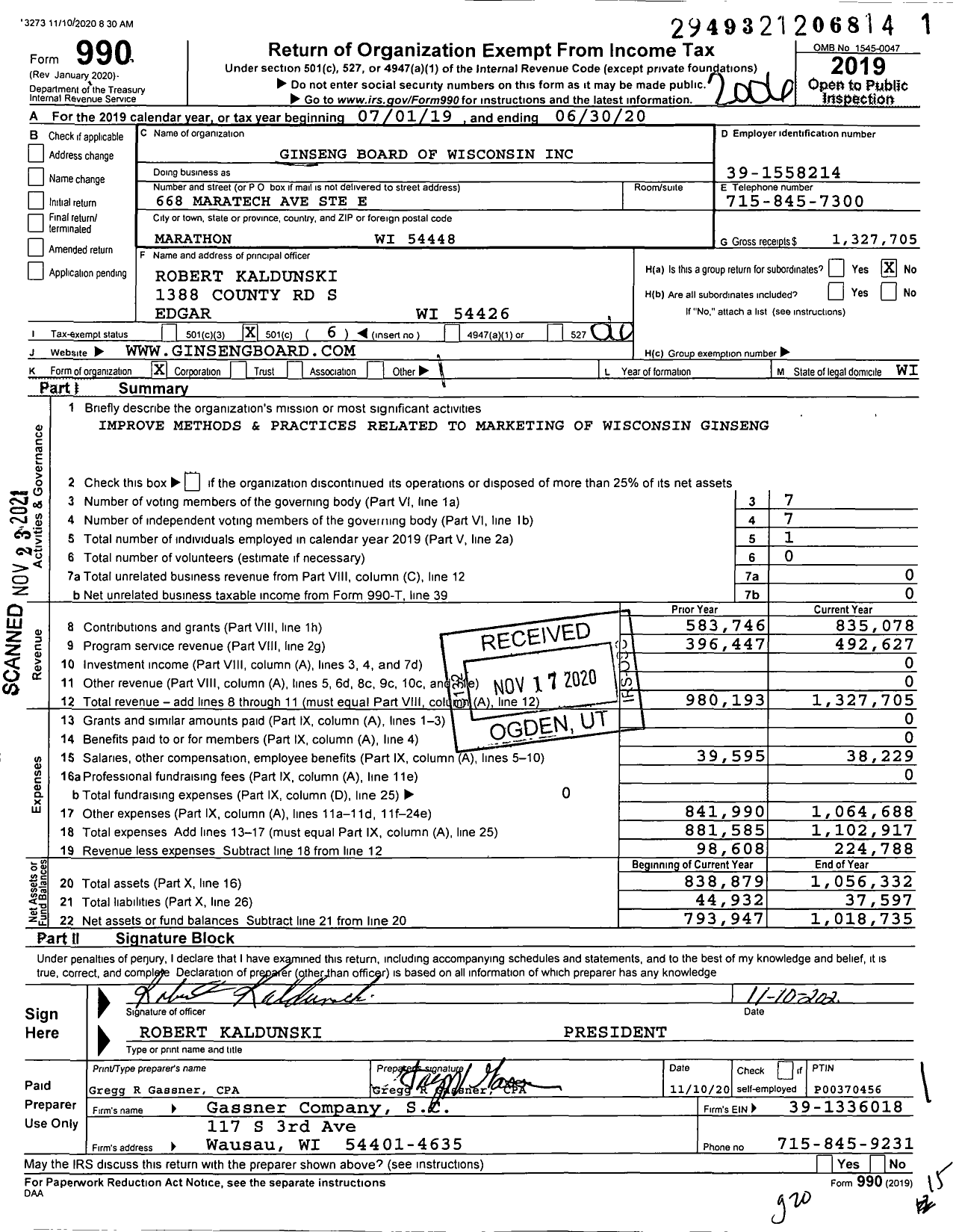 Image of first page of 2019 Form 990O for Ginseng Board of Wisconsin