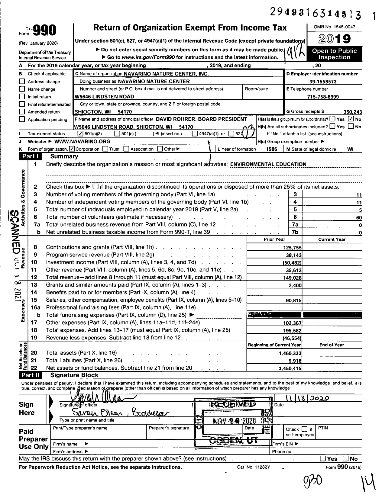 Image of first page of 2019 Form 990 for Navarino Nature Center