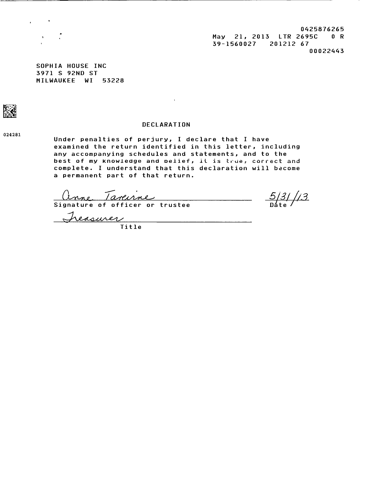 Image of first page of 2012 Form 990ER for Sophia House