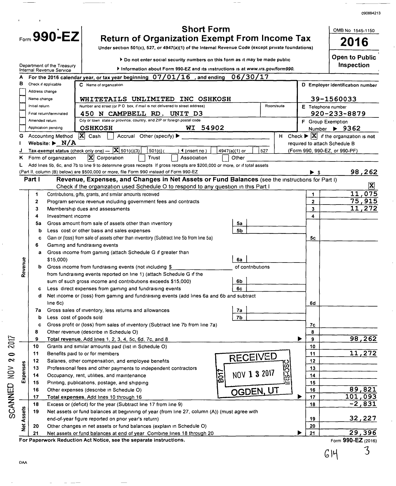 Image of first page of 2016 Form 990EZ for Whitetails Unlimited Oshkosh