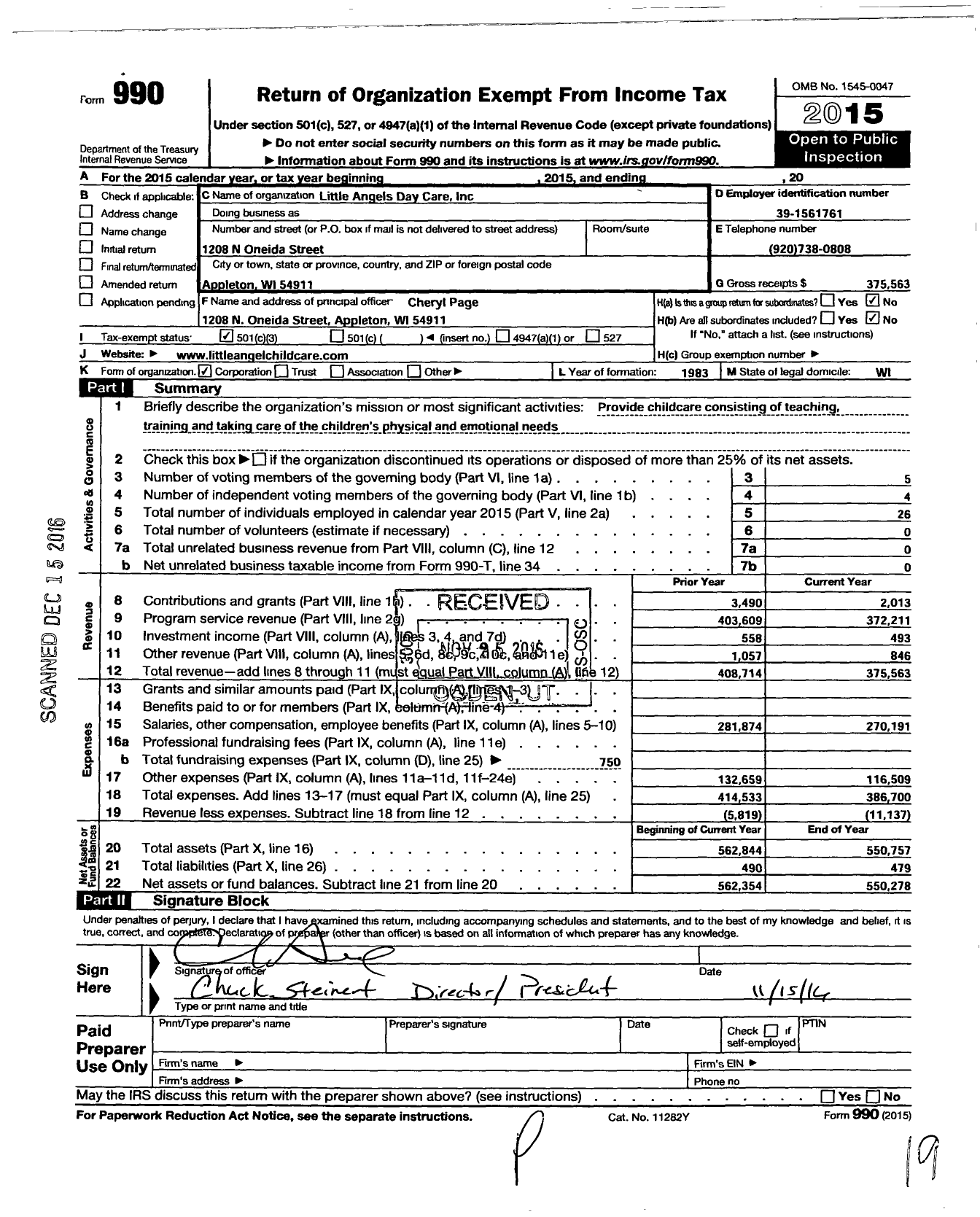 Image of first page of 2015 Form 990 for Little Angel Daycare