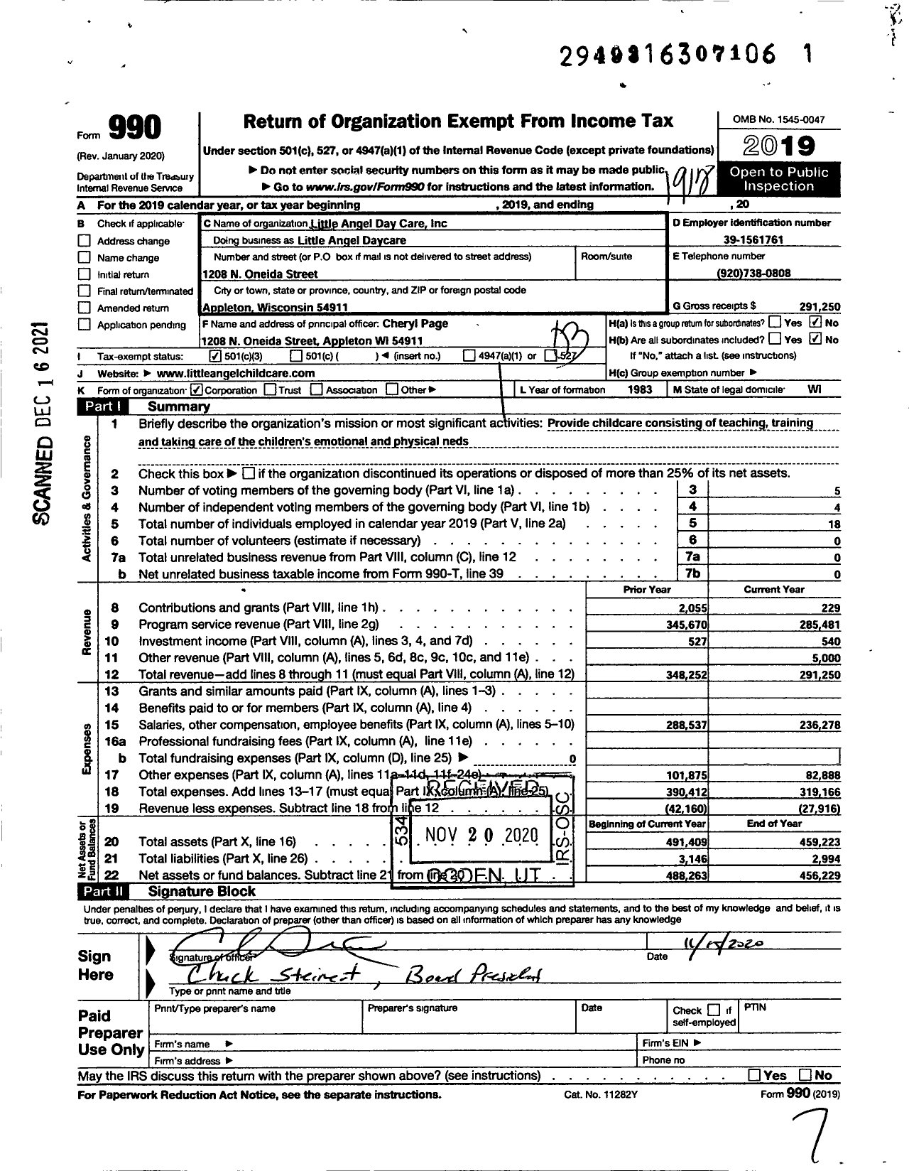 Image of first page of 2019 Form 990 for Little Angel Daycare