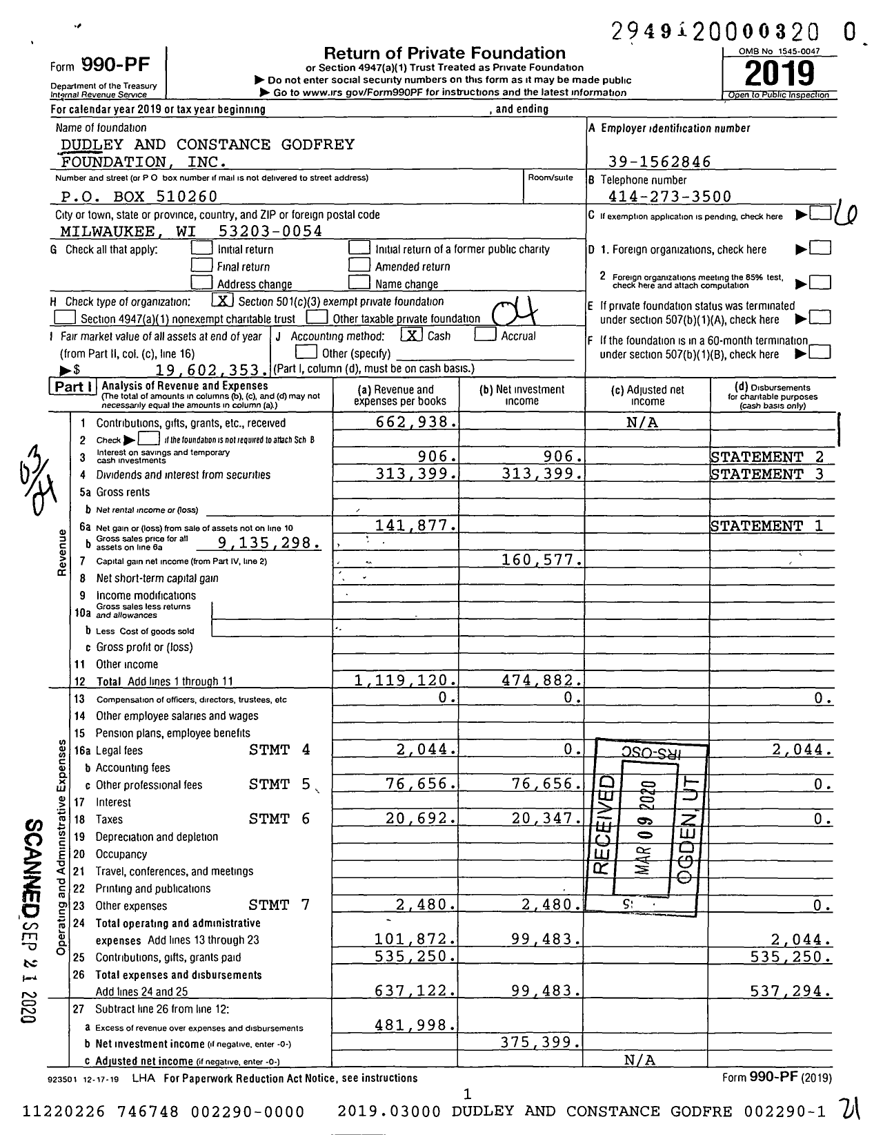 Image of first page of 2019 Form 990PR for Dudley and Constance Godfrey Foundation