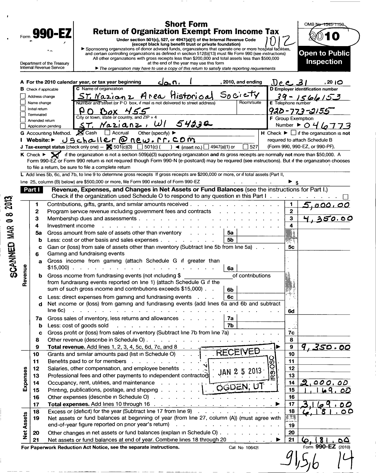 Image of first page of 2010 Form 990EZ for St Nazianz Area Historical Society