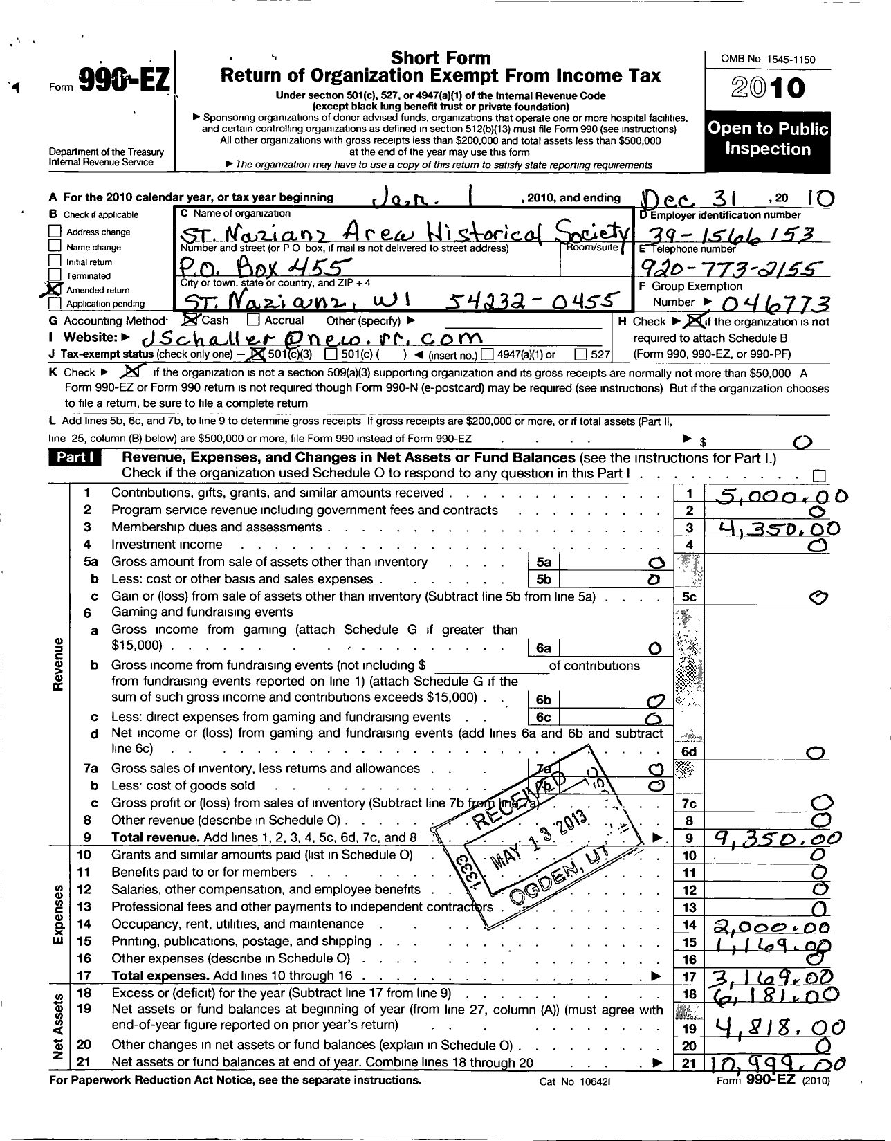 Image of first page of 2010 Form 990ER for St Nazianz Area Historical Society