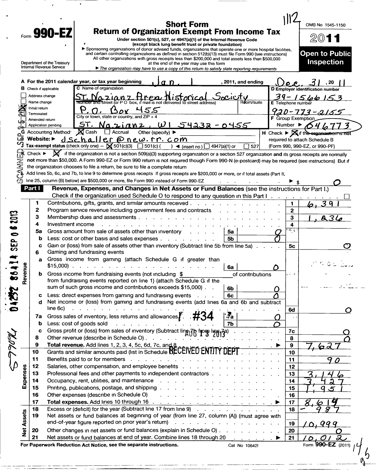 Image of first page of 2011 Form 990EZ for St Nazianz Area Historical Society