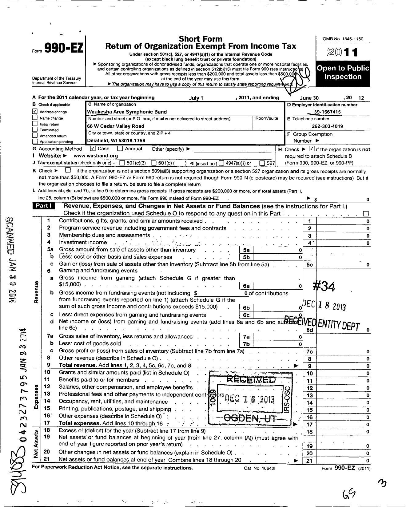 Image of first page of 2011 Form 990EO for Waukesha Area Symphonic Band