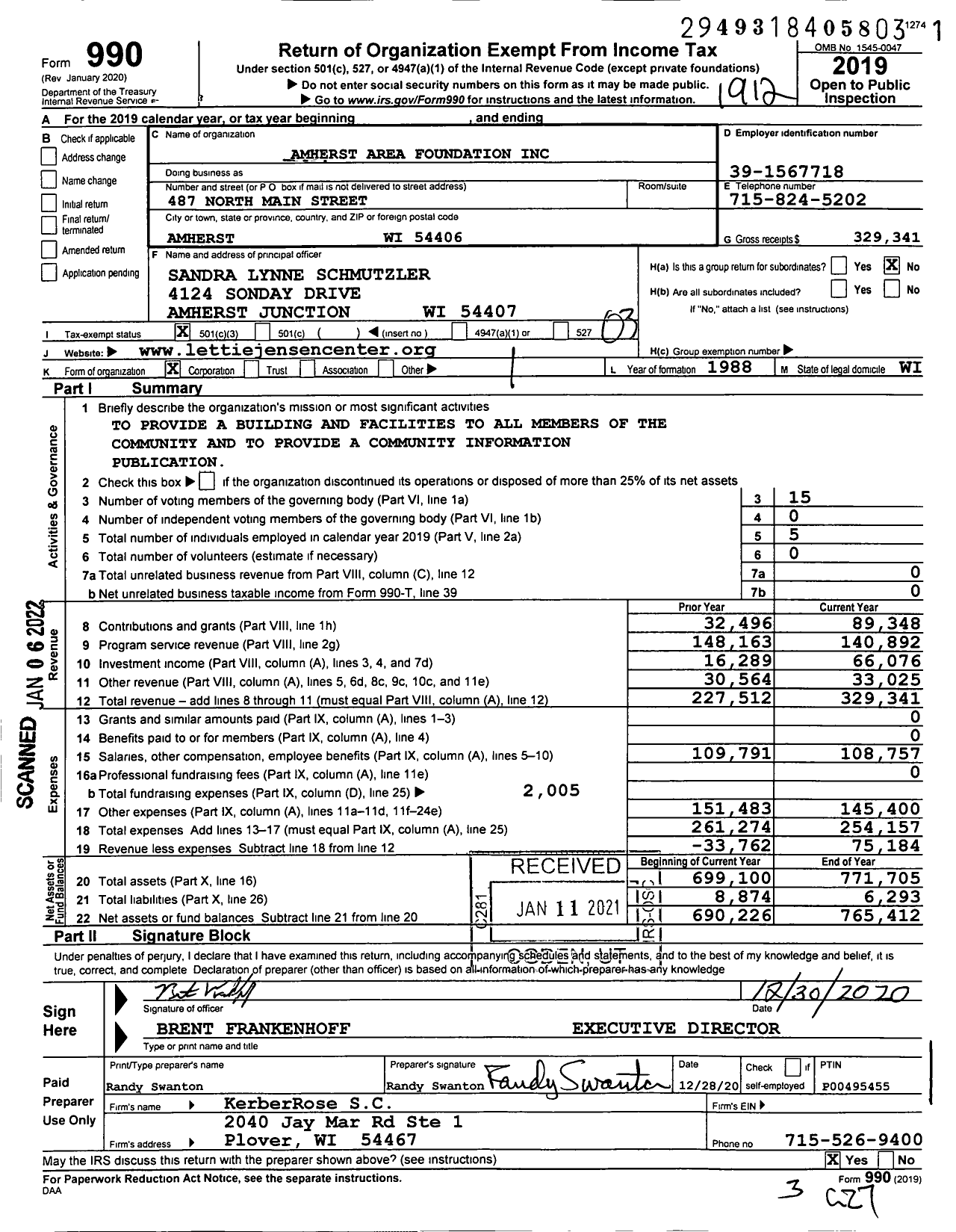 Image of first page of 2019 Form 990 for Amherst Area Foundation