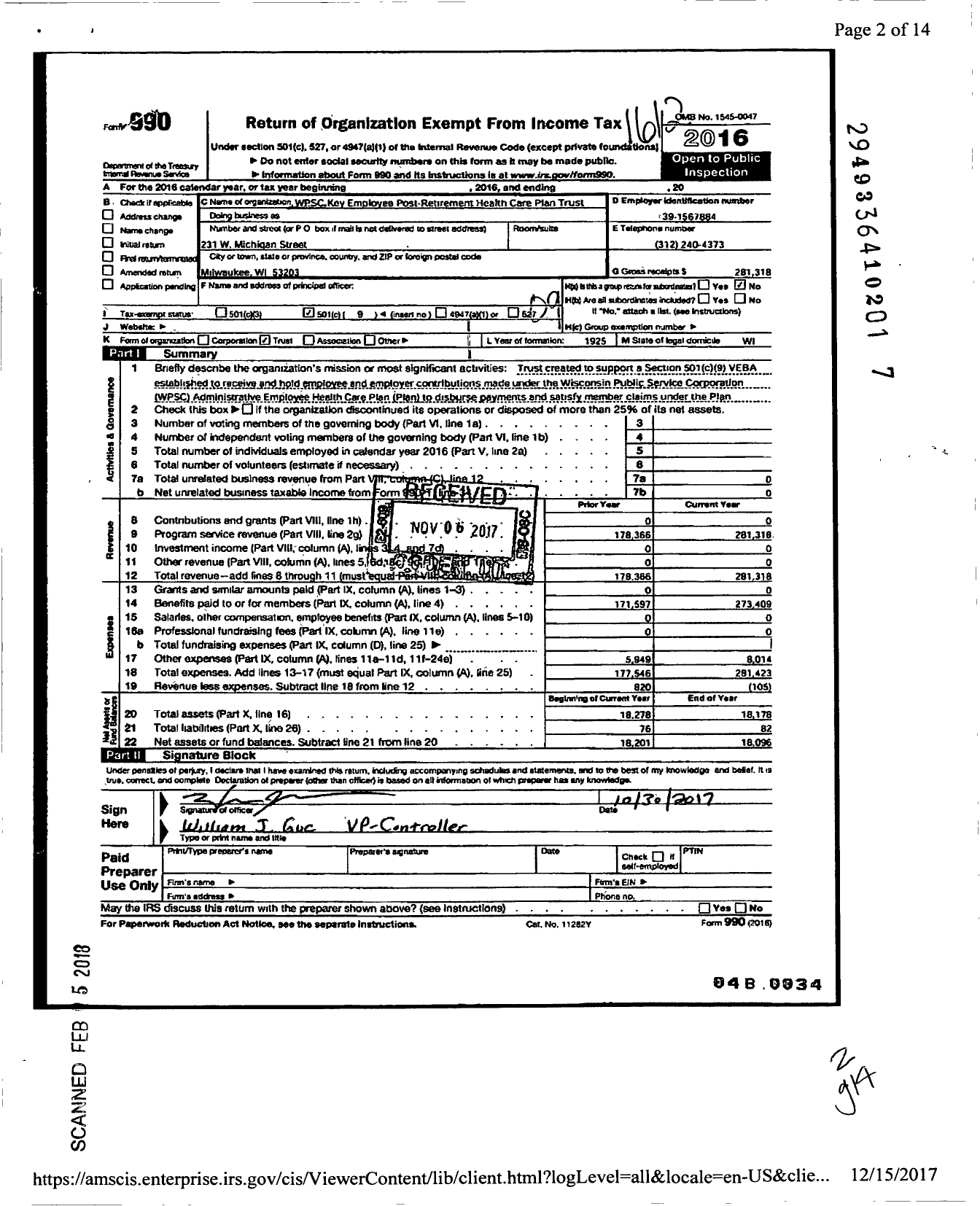 Image of first page of 2016 Form 990O for WPSC Key Employee Post-Retirement Health Care Plan Trust