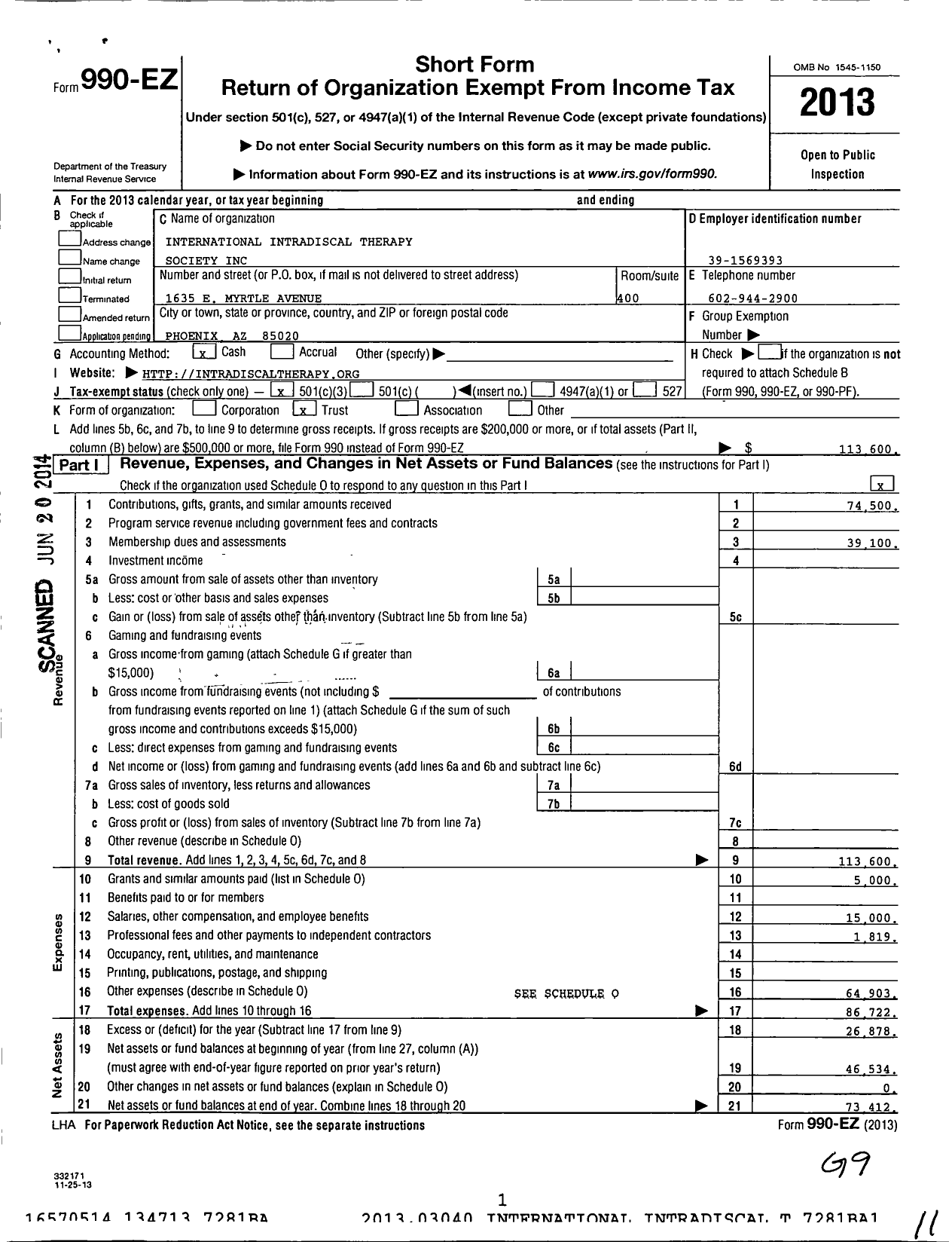 Image of first page of 2013 Form 990EZ for International Intradiscal Therapy Society