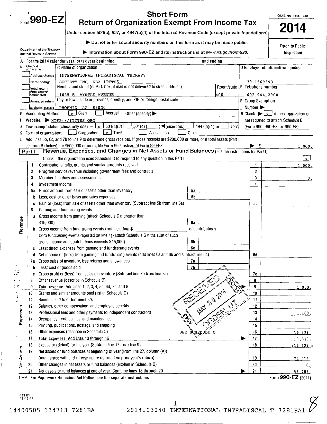 Image of first page of 2014 Form 990EZ for International Intradiscal Therapy Society