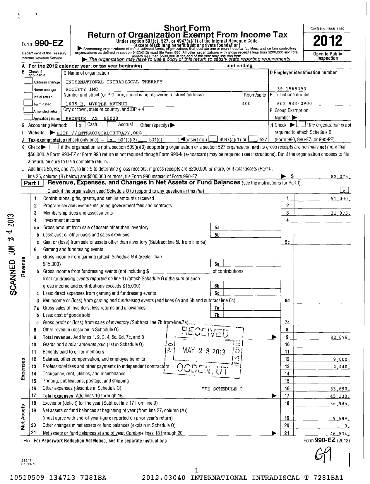 Image of first page of 2012 Form 990EZ for International Intradiscal Therapy Society