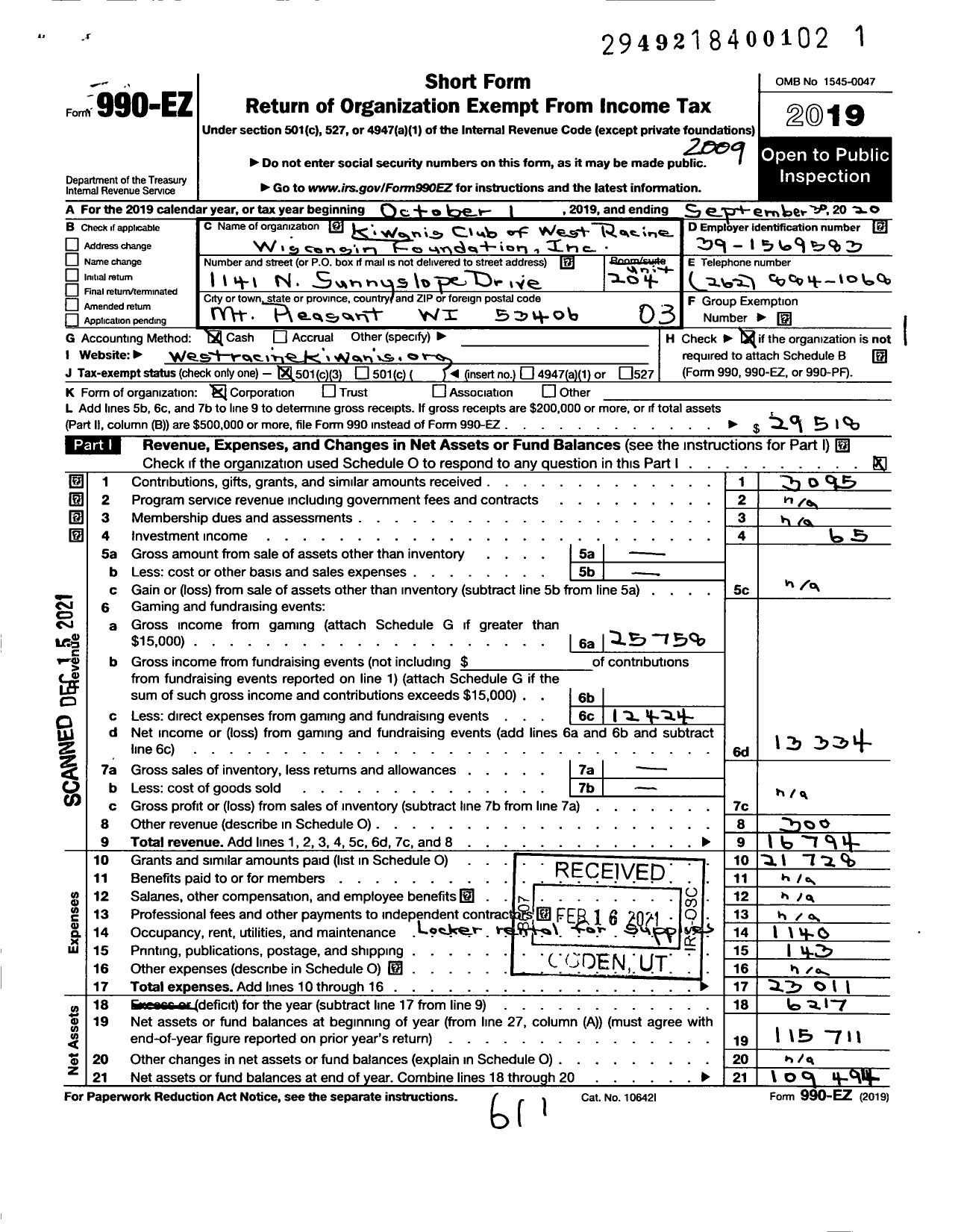 Image of first page of 2019 Form 990EZ for Kiwanis Club of West Racine Wisconsin Foundation