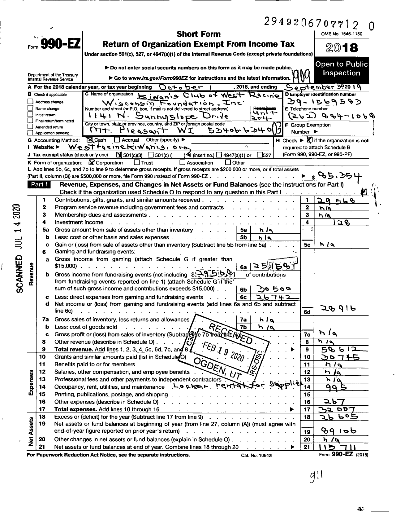 Image of first page of 2018 Form 990EZ for Kiwanis Club of West Racine Wisconsin Foundation