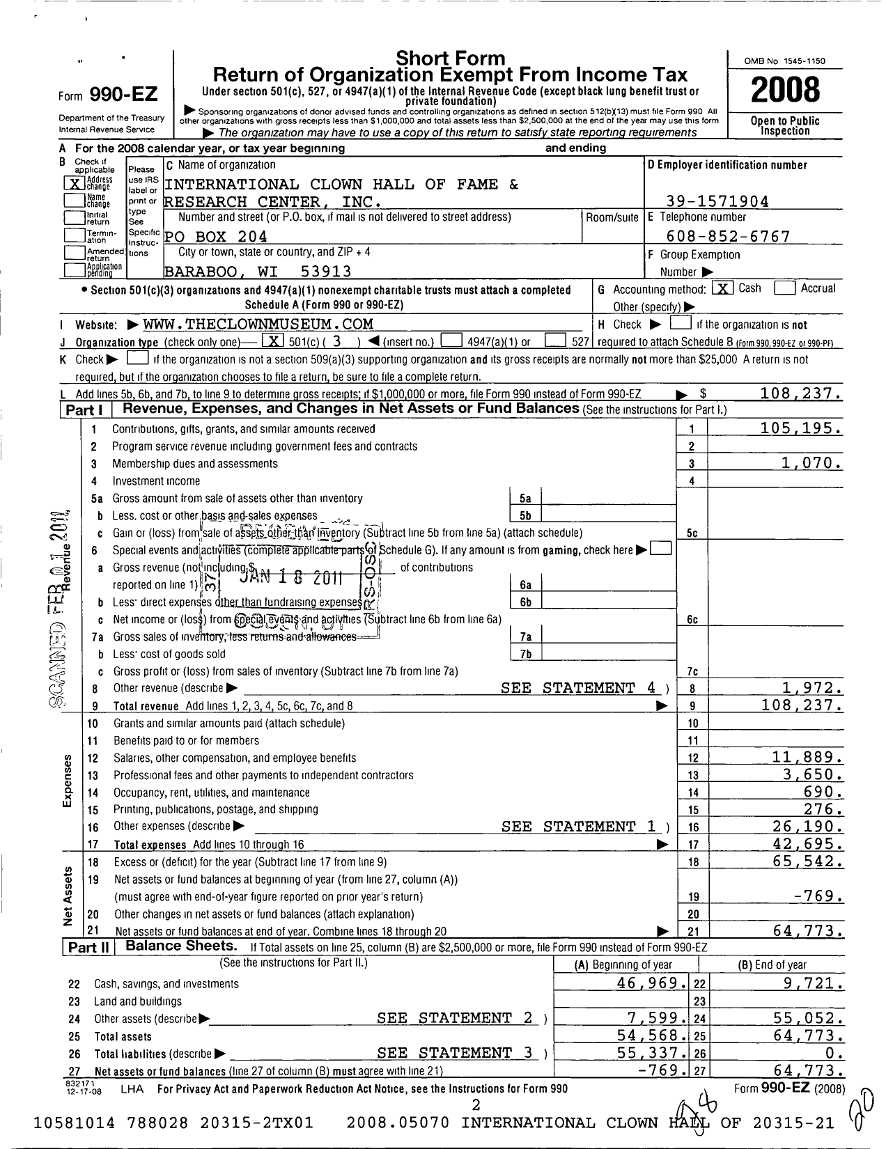 Image of first page of 2008 Form 990EZ for International Clown Hall of Fame and Research Center