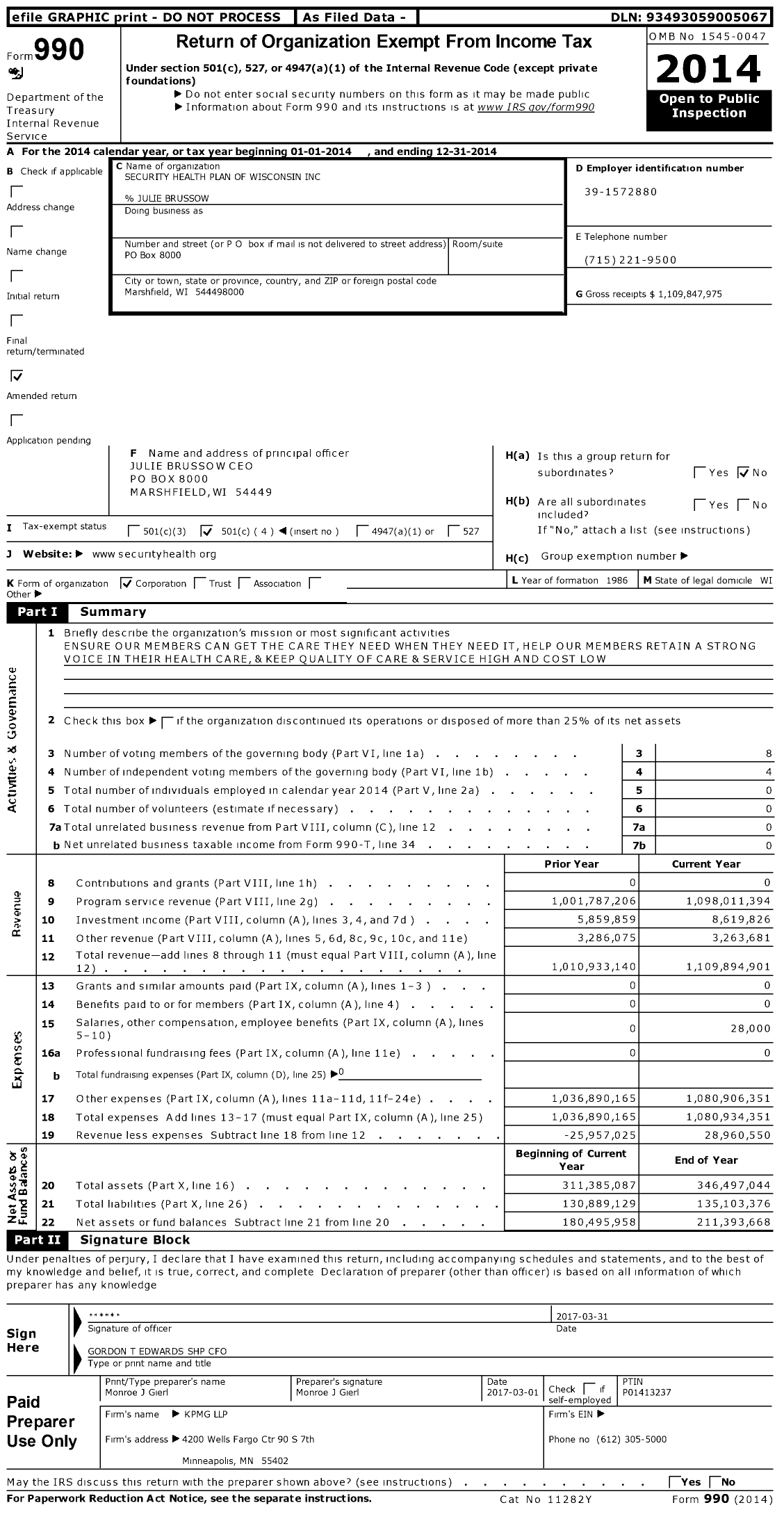 Image of first page of 2014 Form 990O for Security Health Plan of Wisconsin