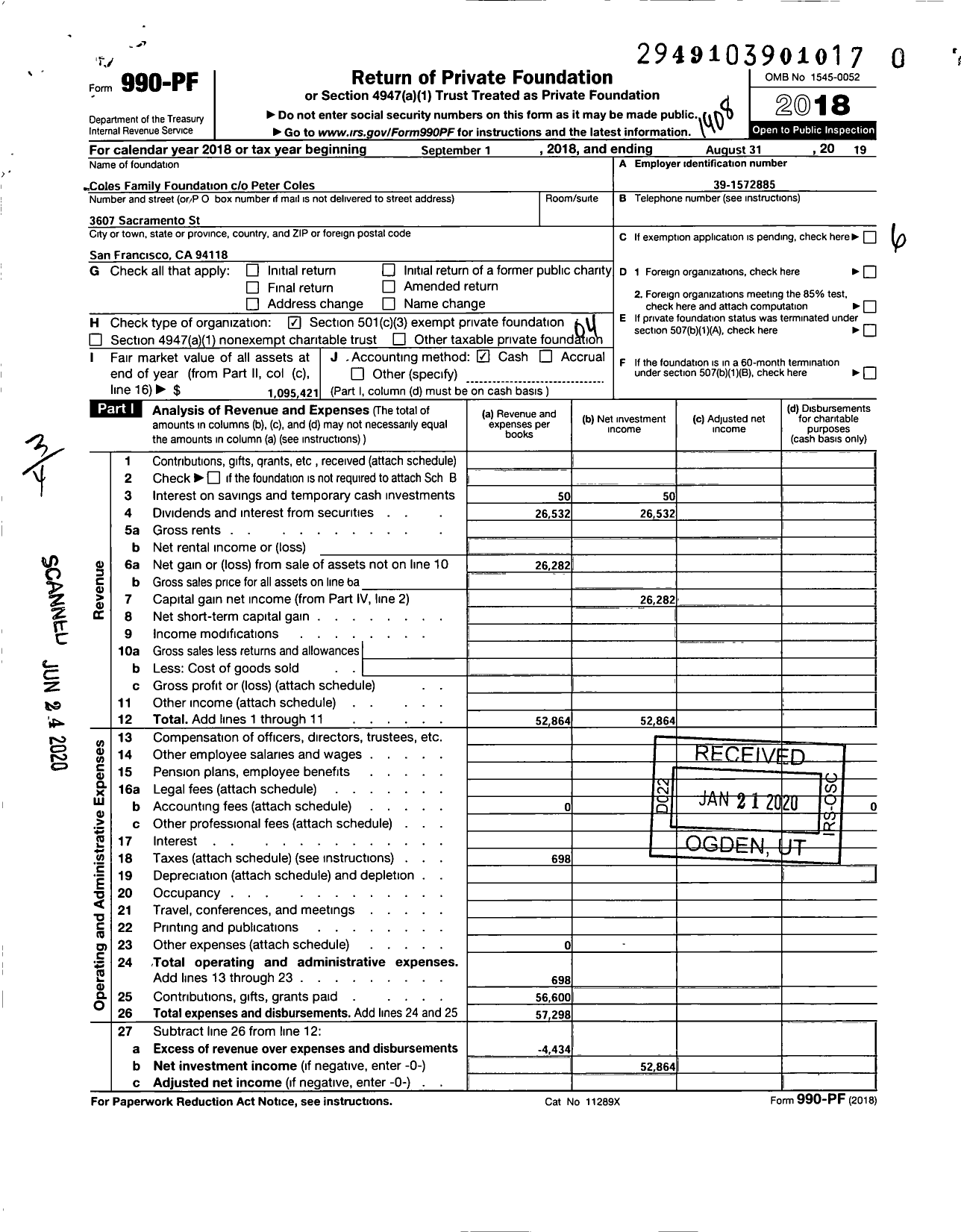 Image of first page of 2018 Form 990PR for Coles Family Foundation co Peter Coles