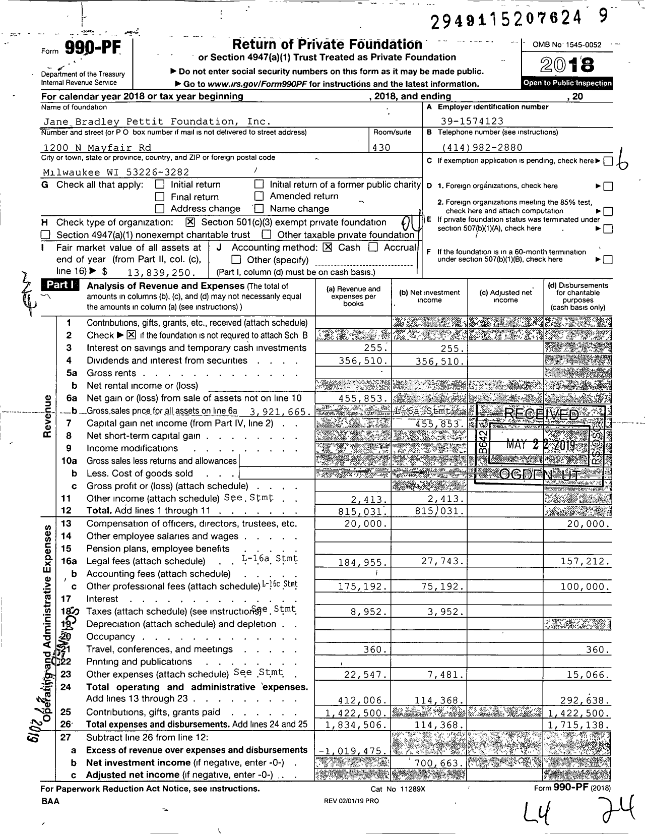 Image of first page of 2018 Form 990PF for Jane Bradley Pettit Foundation