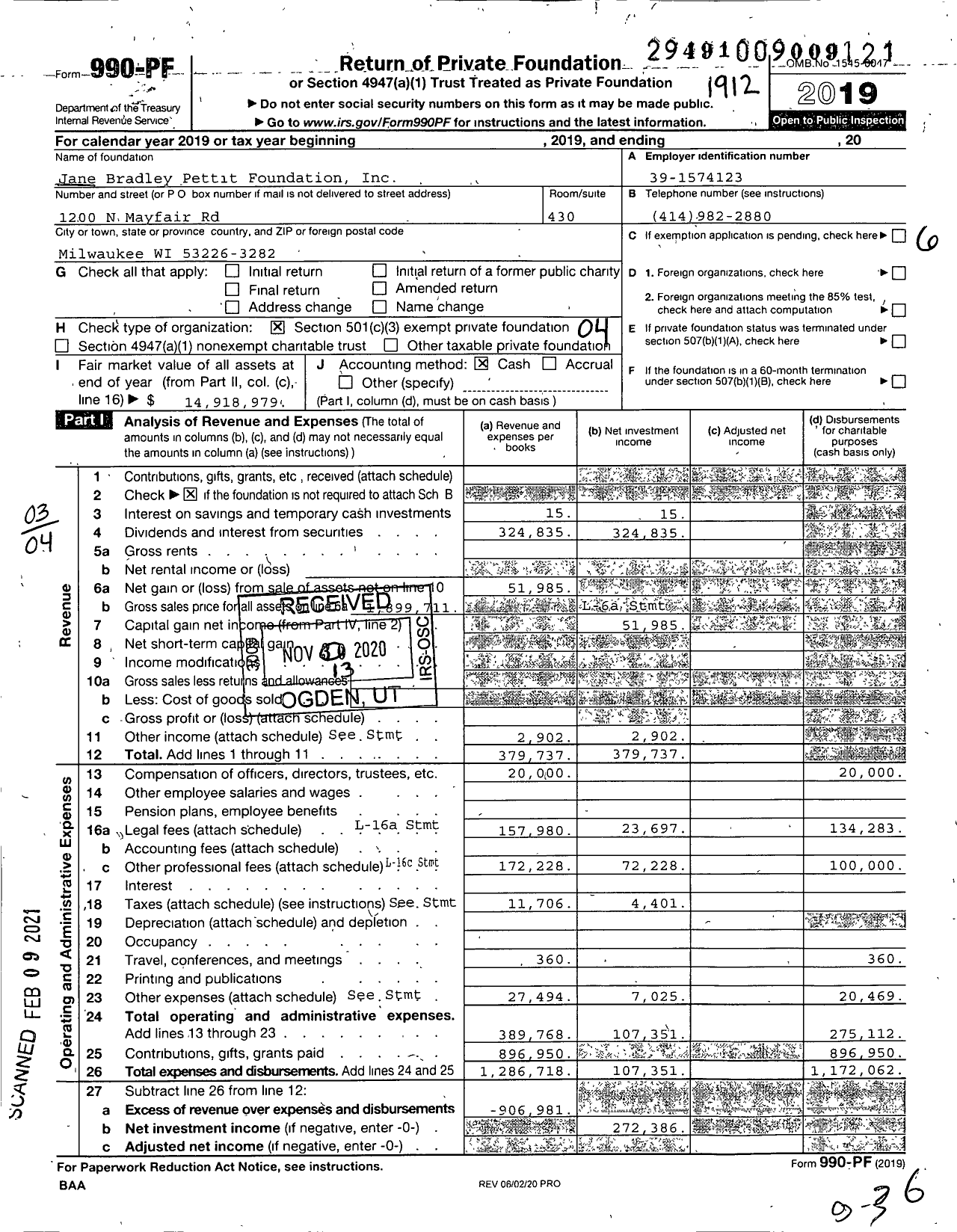 Image of first page of 2019 Form 990PF for Jane Bradley Pettit Foundation