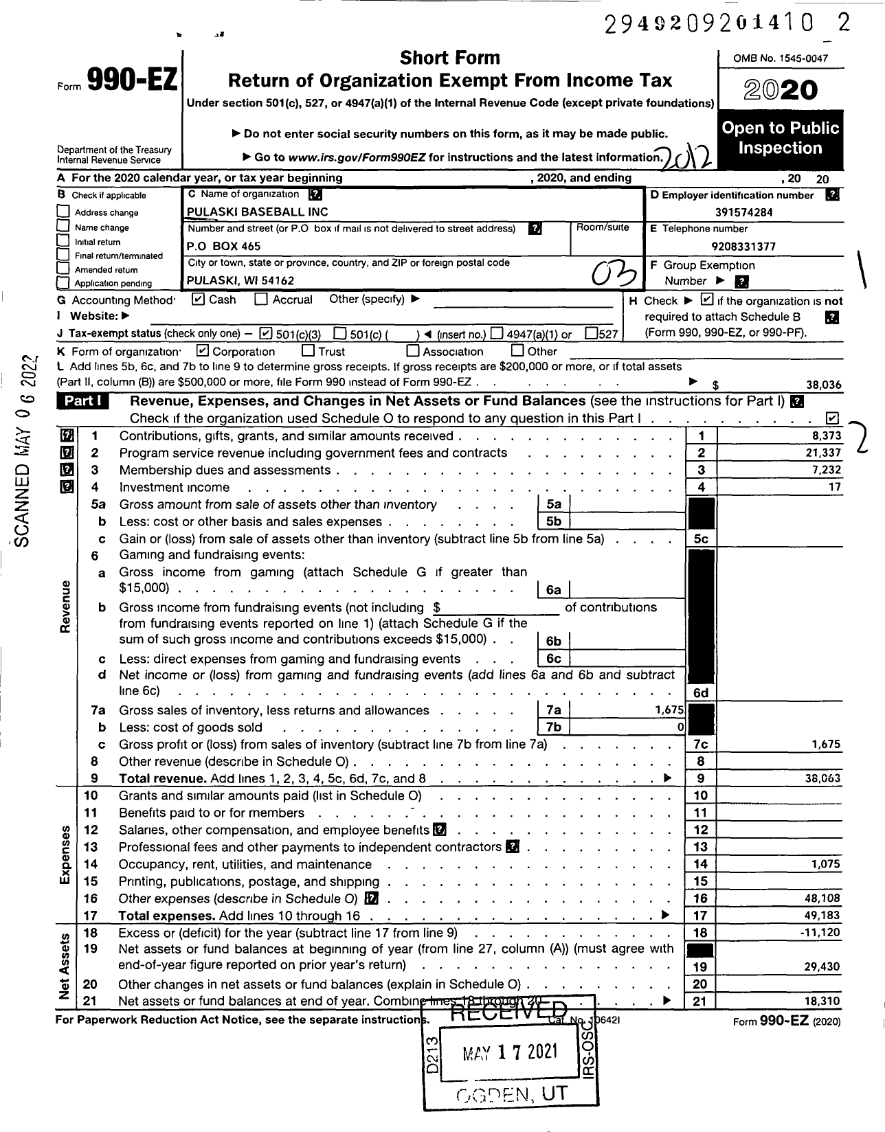 Image of first page of 2020 Form 990EZ for Pulaski Baseball