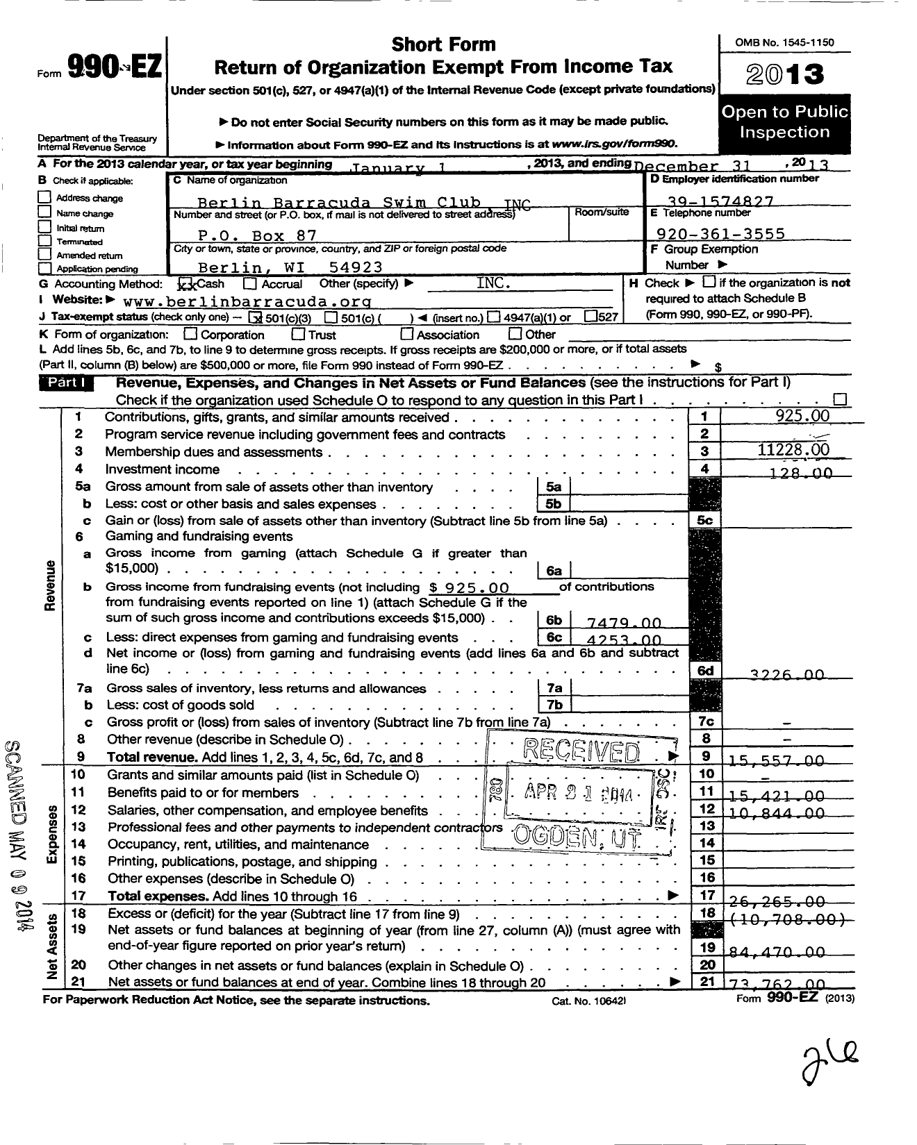 Image of first page of 2013 Form 990EZ for Berlin Barracuda Swim Club