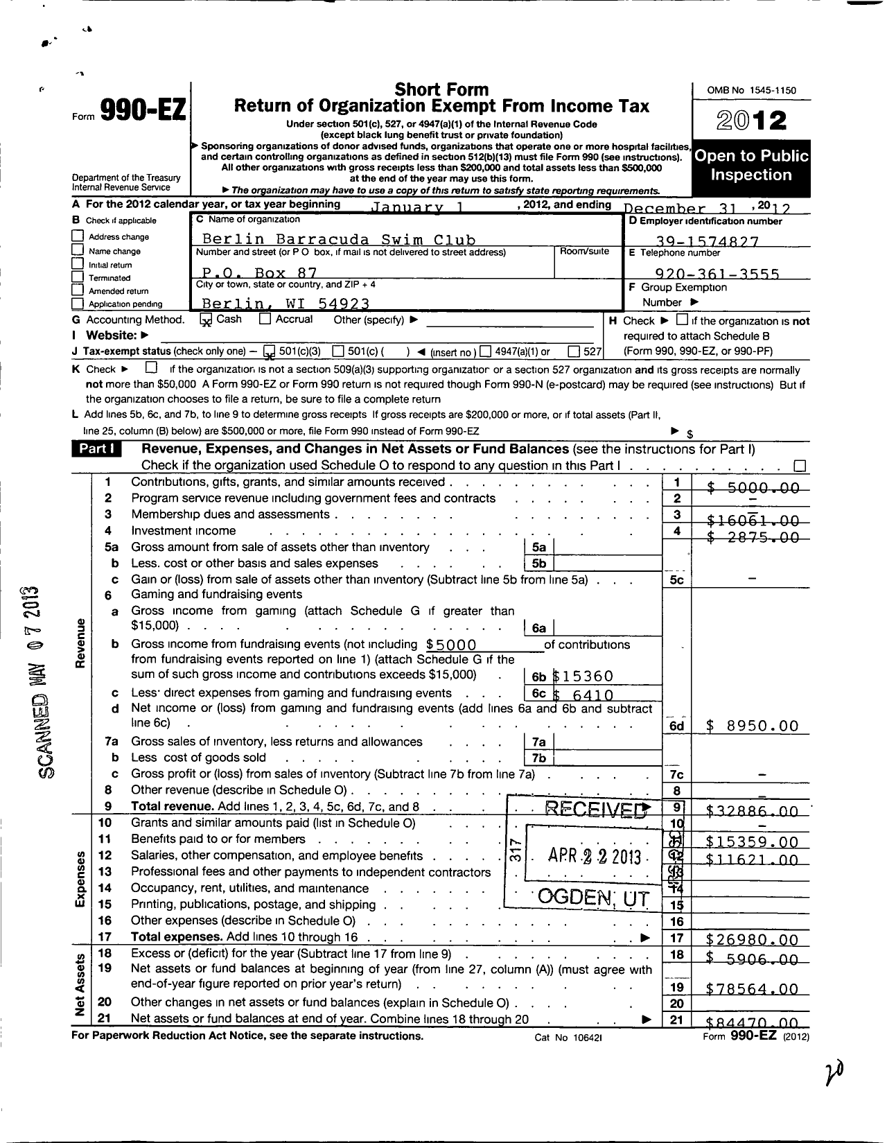 Image of first page of 2012 Form 990EZ for Berlin Barracuda Swim Club