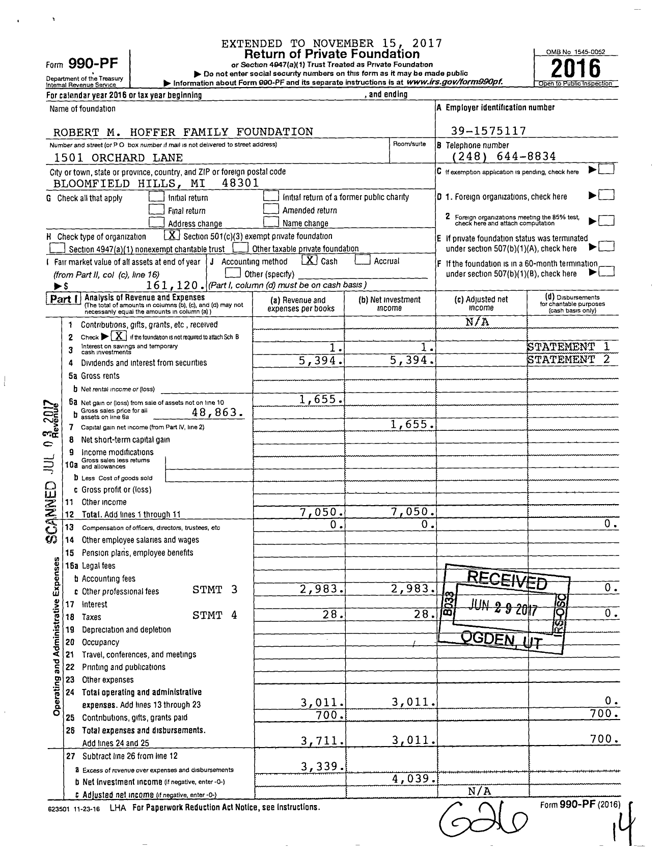 Image of first page of 2016 Form 990PF for Robert M Hoffer Family Foundation