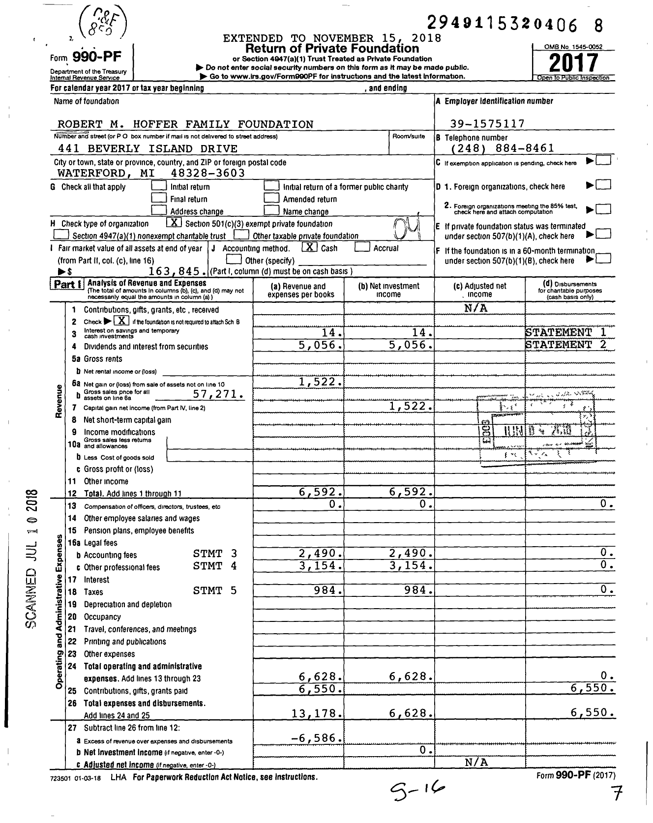 Image of first page of 2017 Form 990PF for Robert M Hoffer Family Foundation