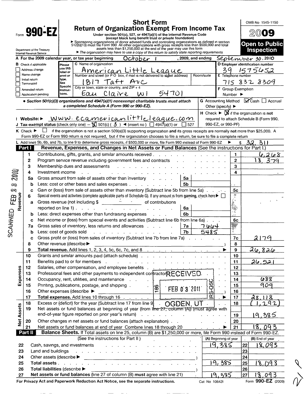 Image of first page of 2009 Form 990EZ for Little League Baseball - 1490305 Eau Claire American LL