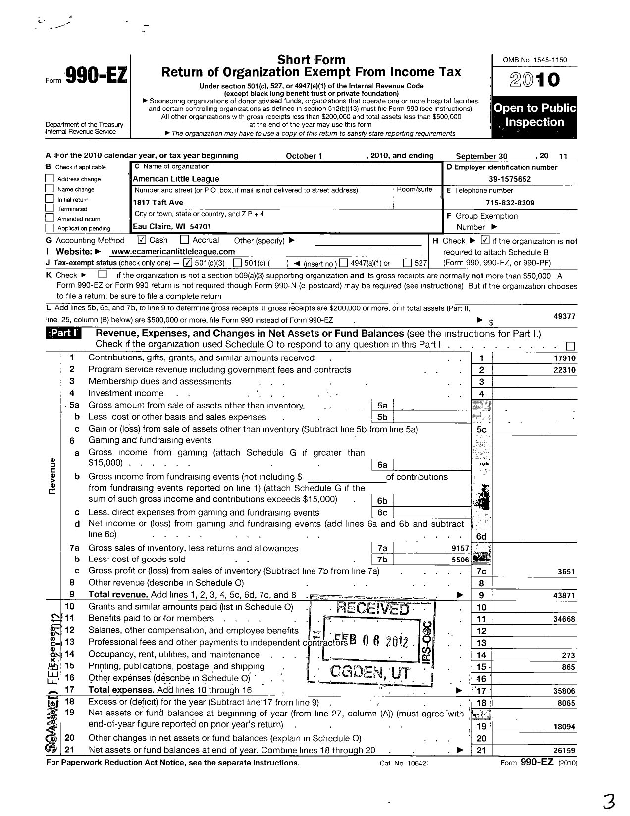 Image of first page of 2010 Form 990EZ for Little League Baseball - 1490305 Eau Claire American LL