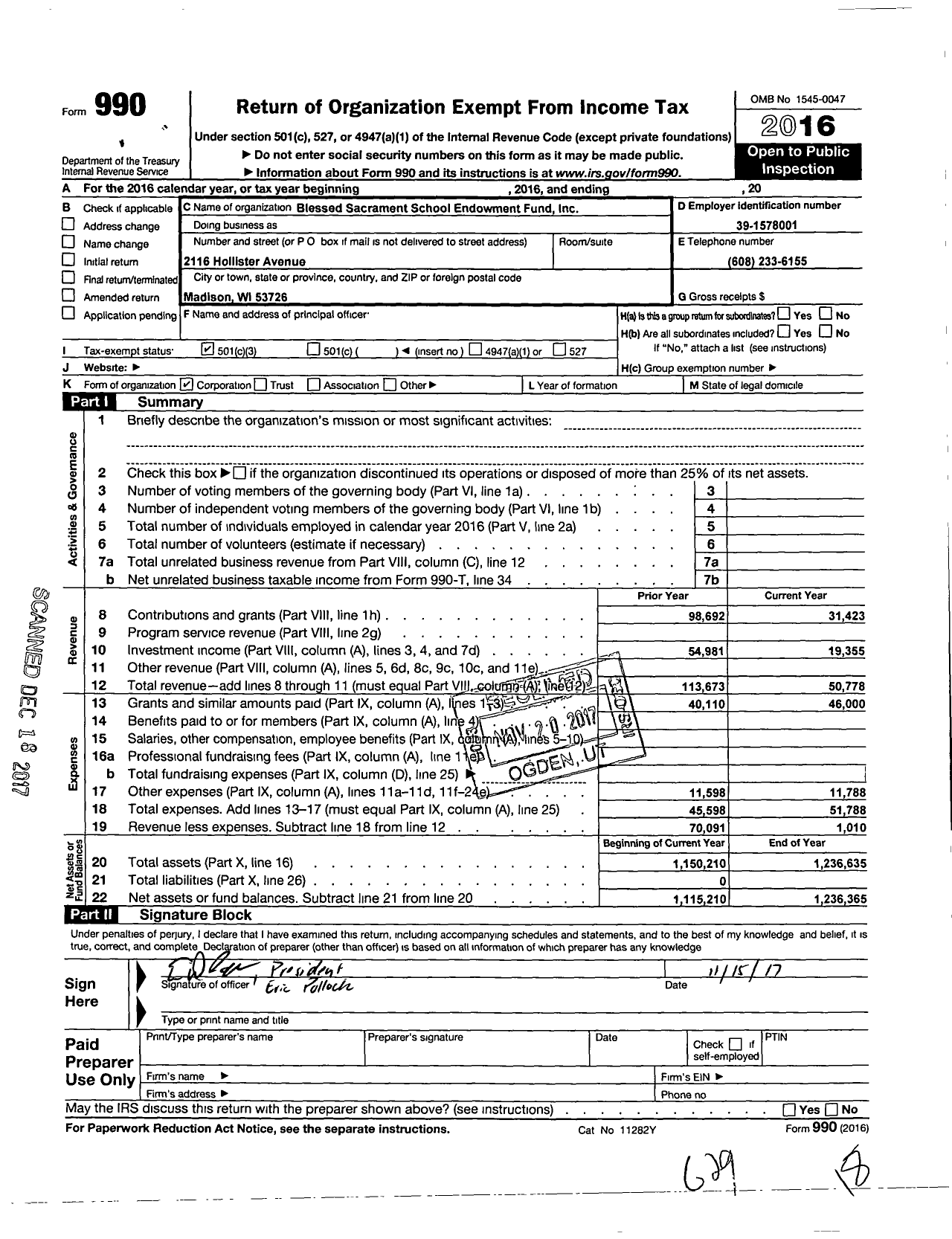 Image of first page of 2016 Form 990 for Blessed Sacrament School Endowment Fund