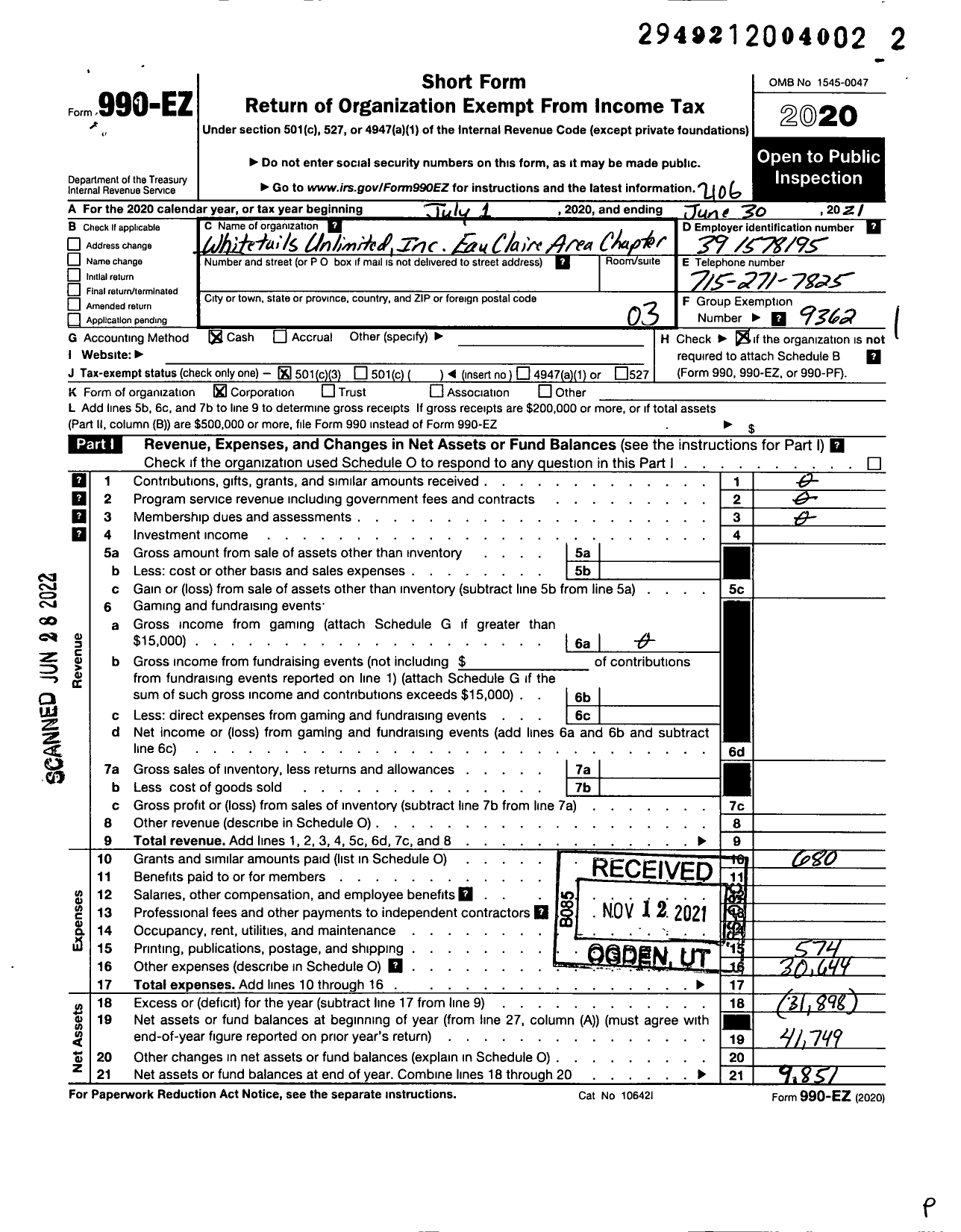 Image of first page of 2020 Form 990EZ for Whitetails Unlimited Inc Eauclaire Claire