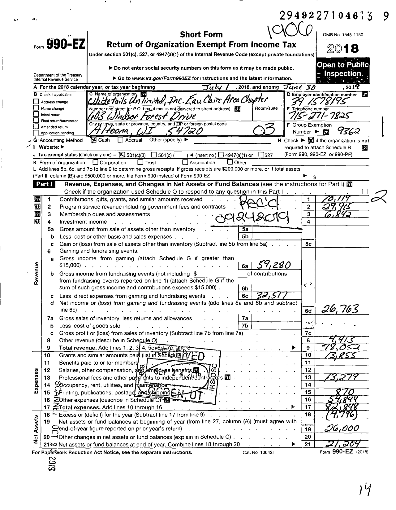 Image of first page of 2018 Form 990EZ for Whitetails Unlimited Inc Eauclaire Claire