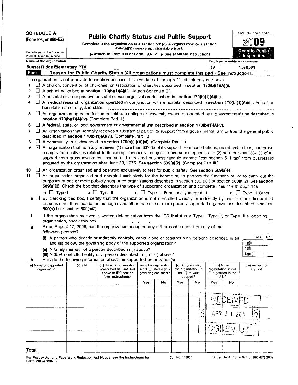 Image of first page of 2009 Form 990ER for PTA Wisconsin Congress / Sunset Ridge PTA