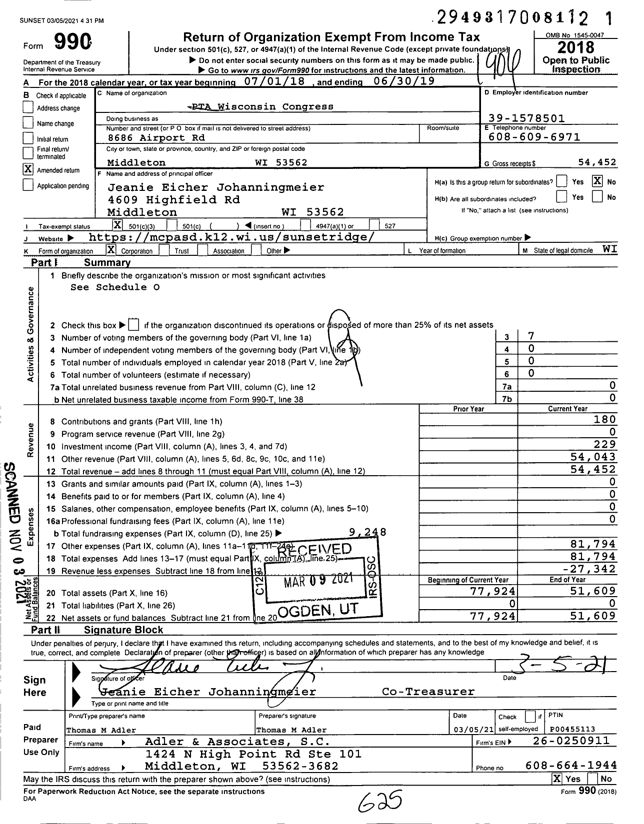 Image of first page of 2018 Form 990 for PTA Wisconsin Congress / Sunset Ridge PTA